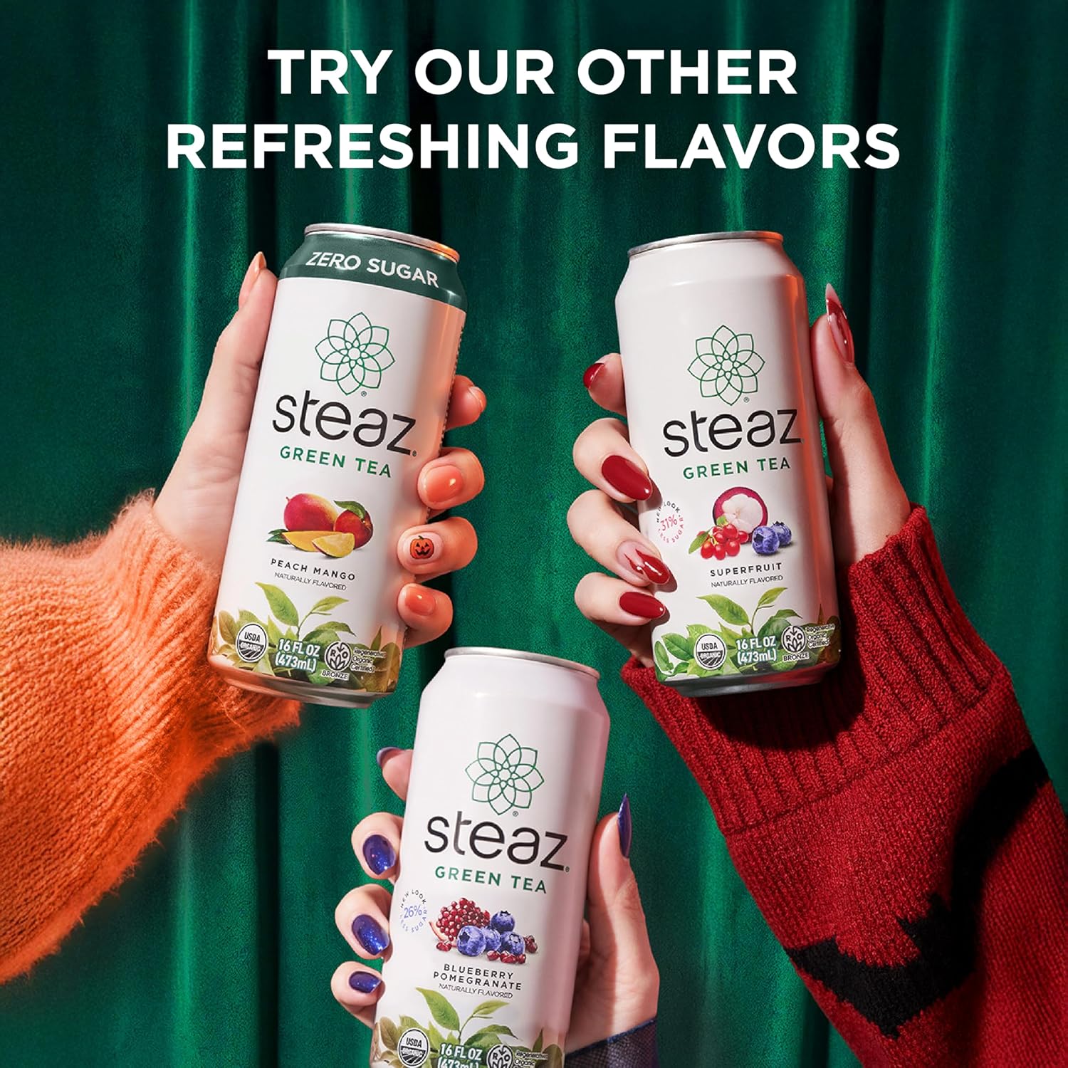 Steaz - Organic Green Tea - Peach (12 Pack) - 30mg Natural Caffeine, 70 Calories,Cane Sugar - Sweetened Iced Tea - Regenerative Organic Certified®️ - Vegan, Direct Trade - 12 Cans, 16 fl oz