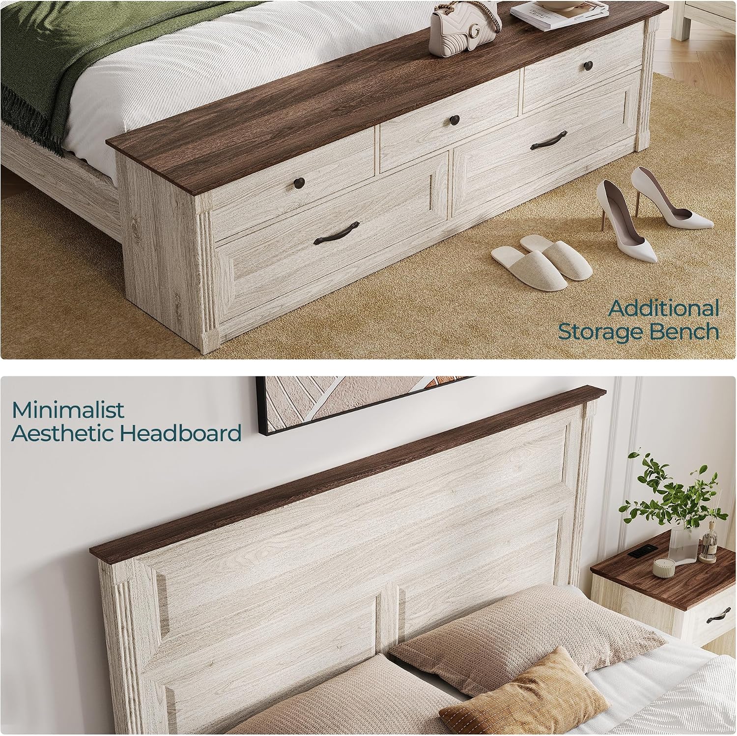 LINSY Storage Bed Frame Queen Bedframe with Drawers, Farmhouse Bed Frame Queen-Size with Headboard and Footboard Bench