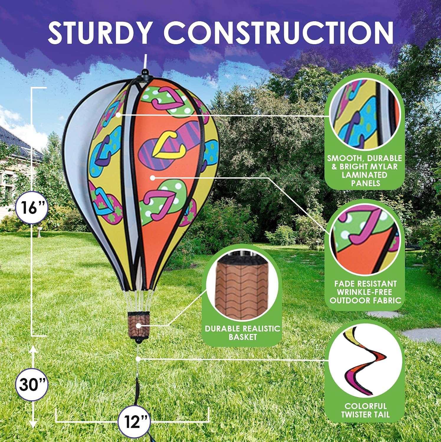 Hot Air Balloon Hanging Garden Spinner 16" - Vibrant Patriotic Design, Weather-Resistant Outdoor Decor, Durable & Lightweight for Patios, Yards, and Gardens - Eye-Catching Wind Spinner