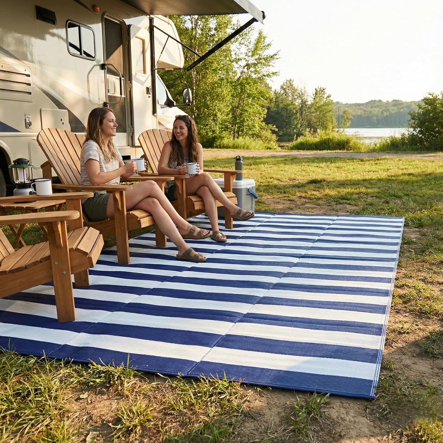 FH Home Outdoor Camping Rug - Waterproof, Fade Resistant, Reversible - Premium Recycled Plastic - Striped - Large Patio, Deck, Sunroom