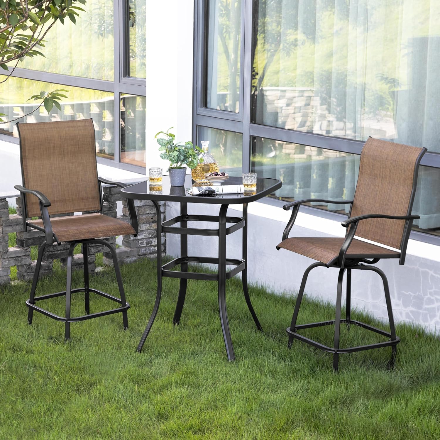 NUU GARDEN 3 Piece Patio Bar Set, All Weather Mental Textilene High Stools Set Outdoor Swivel Bar Chair Set of 2 and High Silk Screen Glass Bar Table