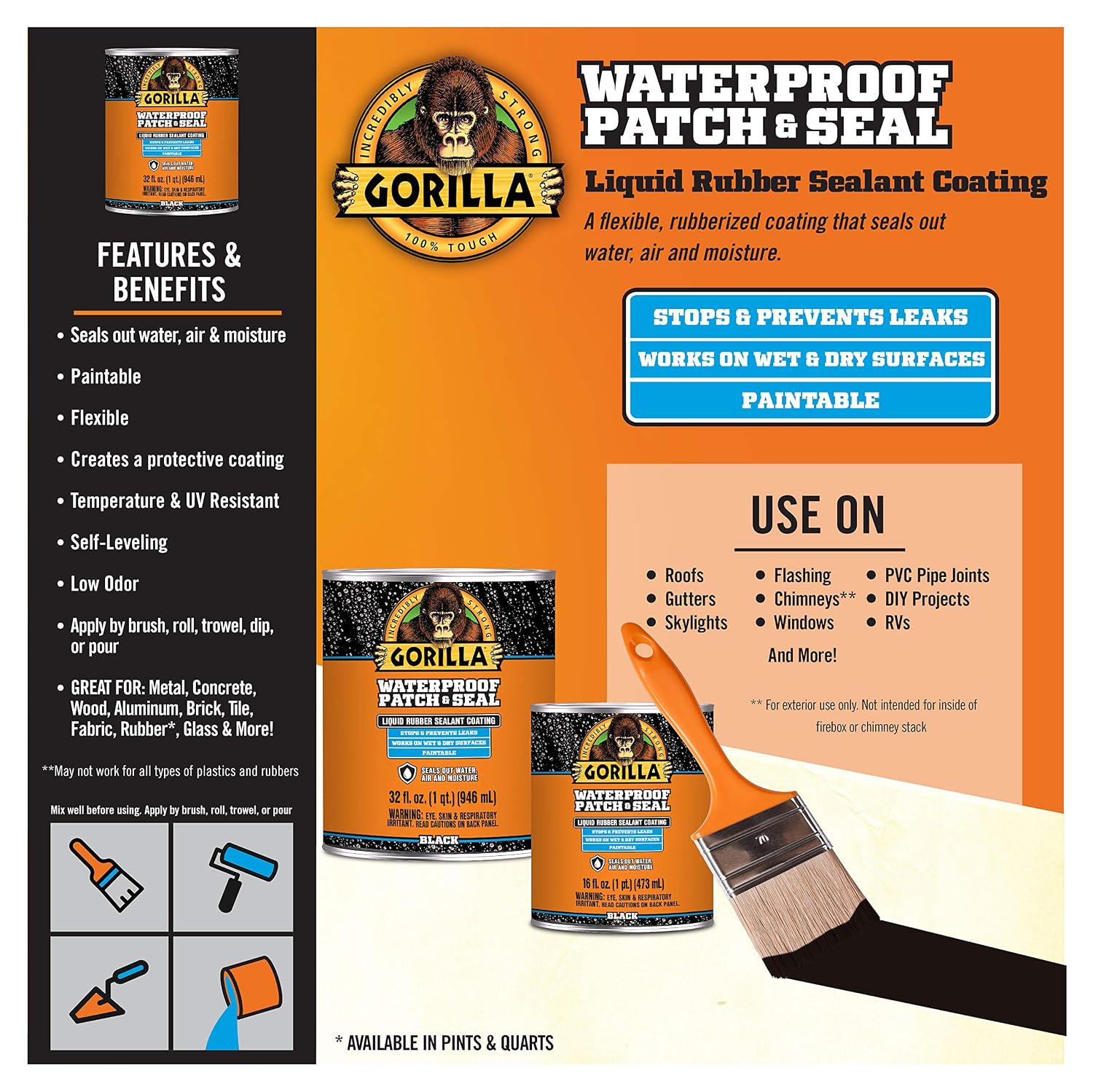 Gorilla Patch & Seal Liquid Rubber Waterproof Sealant, Black, 32 oz