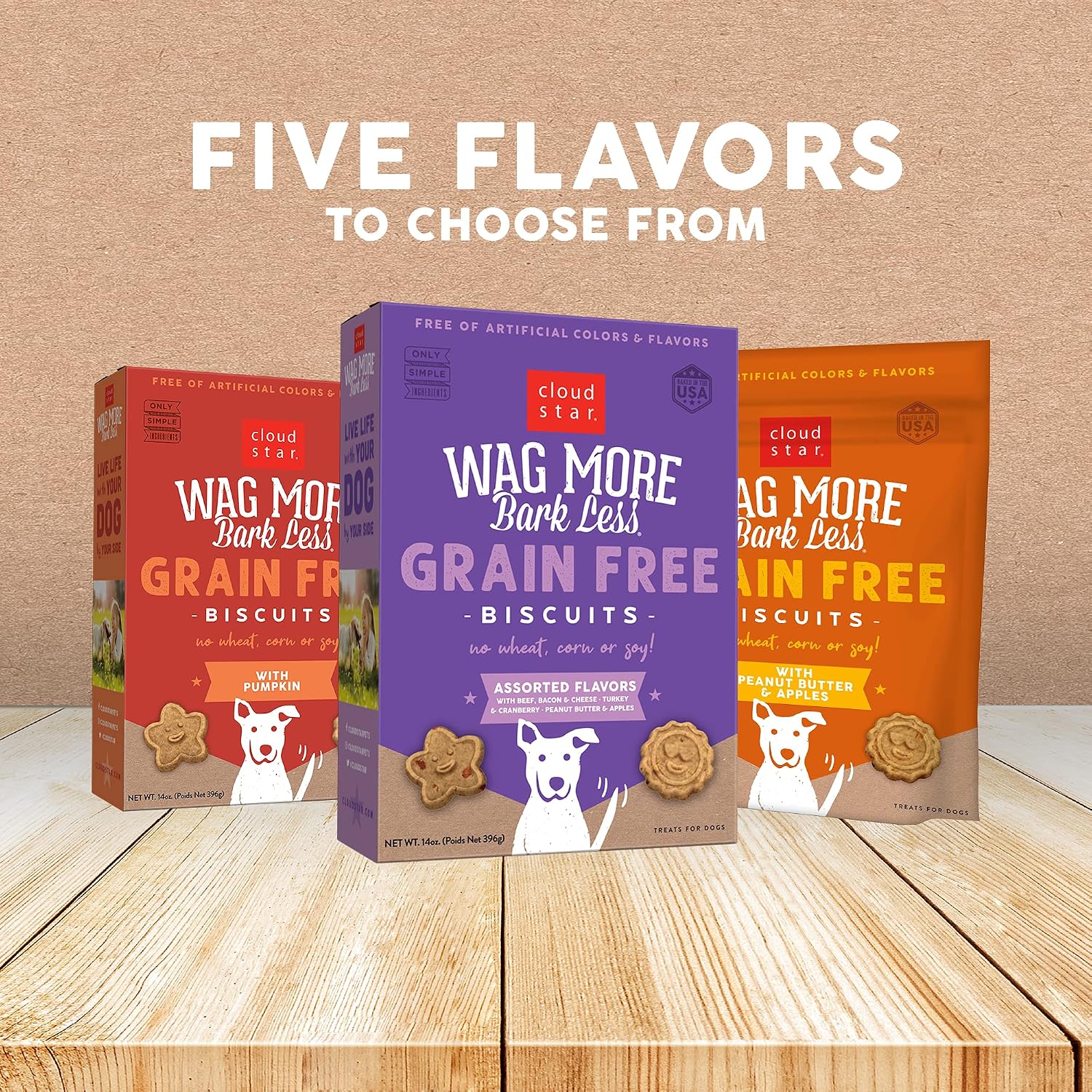 Cloud Star Wag More Bark Less - Dog Treats - Crunchy Biscuits - Grain Free Assorted Flavors - 14 oz Box