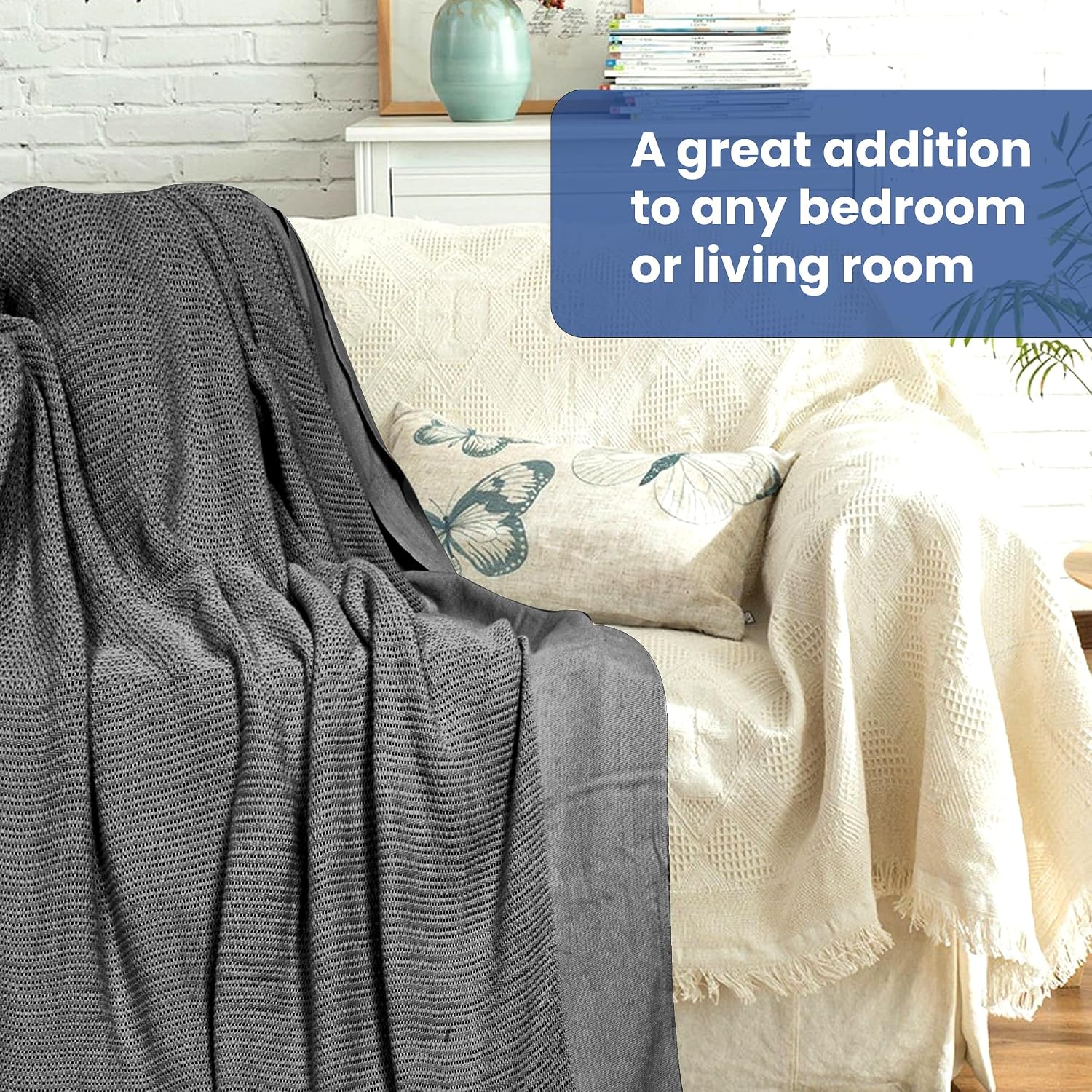 Linteum 100% Cotton Open-Cell Leno Weave Blanket — Breathable All Season — Queen 90x90 — Ice Grey