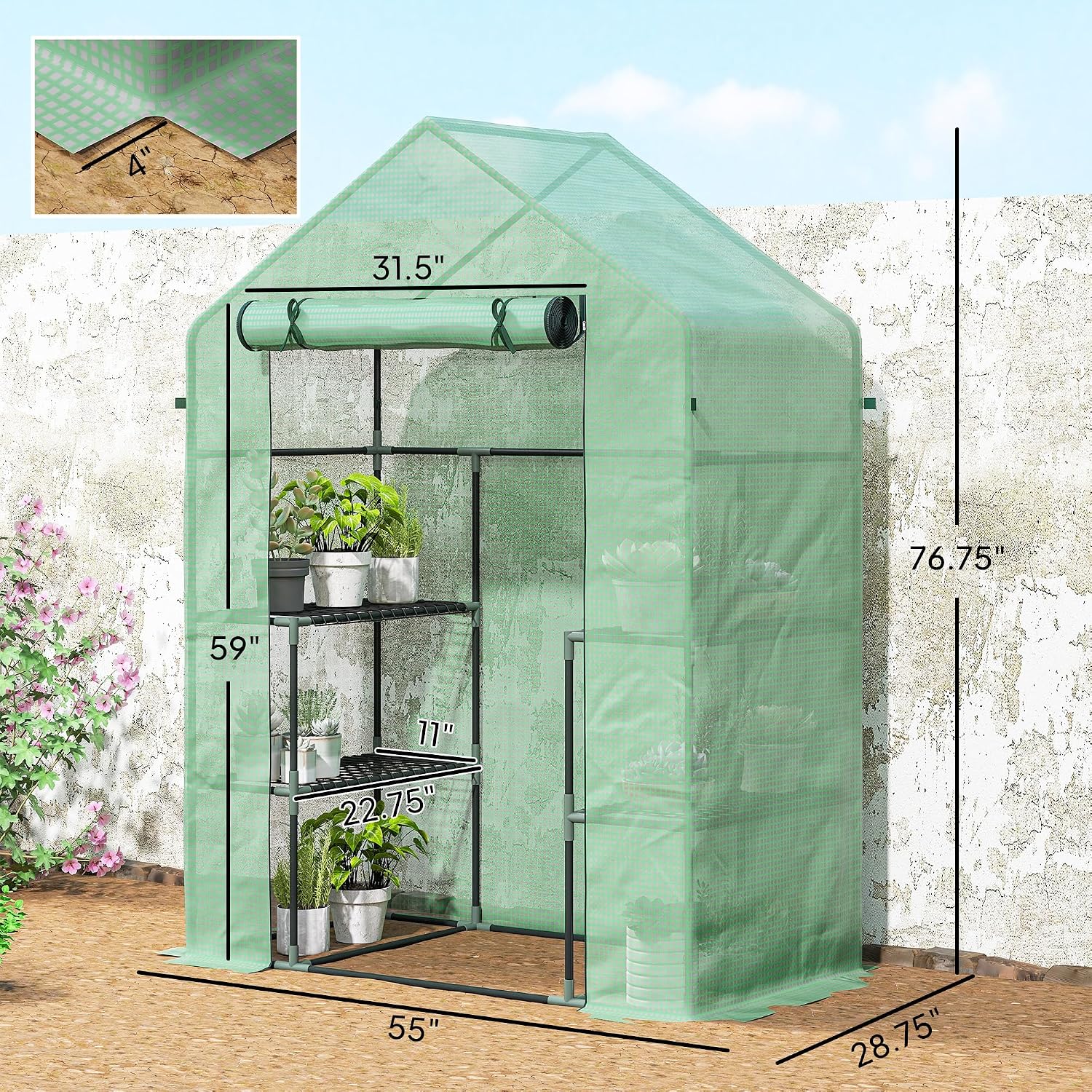 Outsunny 56" x 29" x 76" Portable Walk-in Garden Greenhouse with Built in 3-Tier Shelves