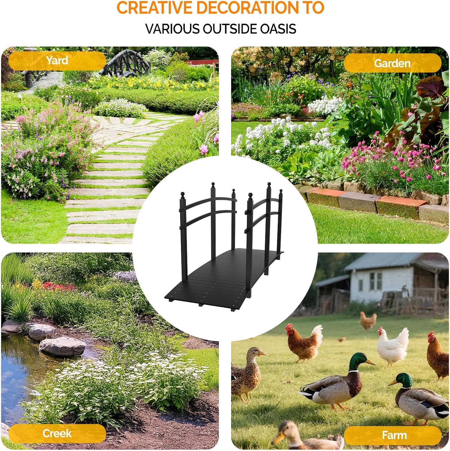 VINGLI 5 ft Garden Bridge, Classic Wooden Arch with Safety Rails Stained Finished Footbridge, Decorative Pond Landscaping, Backyard, Creek or Farm