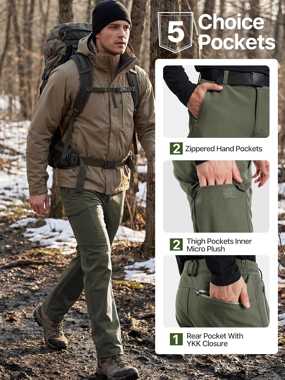 FREE SOLDIER Men's Outdoor Softshell Fleece Lined Cargo Pants | Snow Ski Hiking Pants with Belt, Waterproof Winter Pants, Insulated Work Pants, Breathable Windproof Insulated Pants