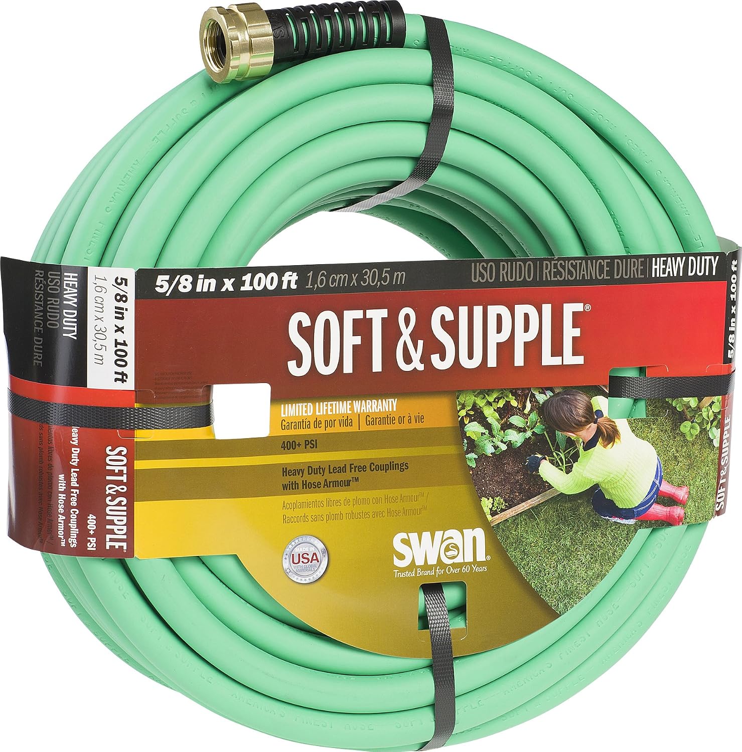 Swan Products SNSS58100 Soft & Supple Easy Coil Water Hose with Crush Proof Couplings 100' x 5/8", Green