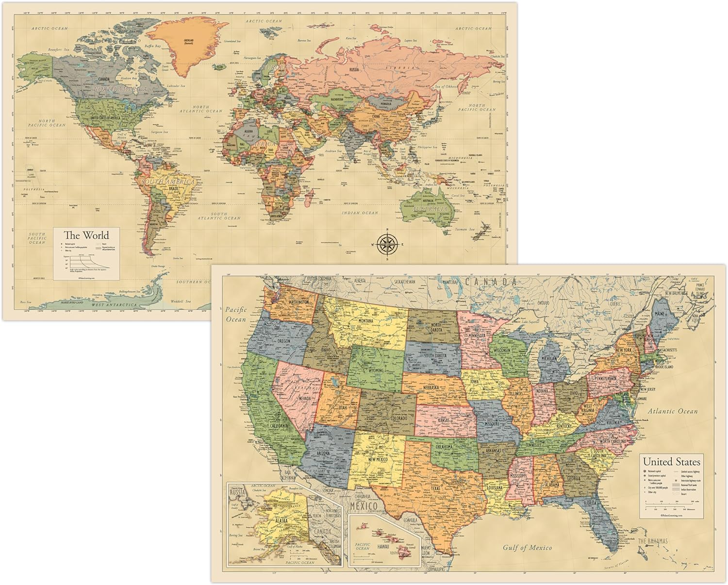 Laminated World Map & US Map Poster Set - 18" x 29" - Wall Chart Maps of the World & United States - Made in the USA - (LAMINATED, 18" x 29")