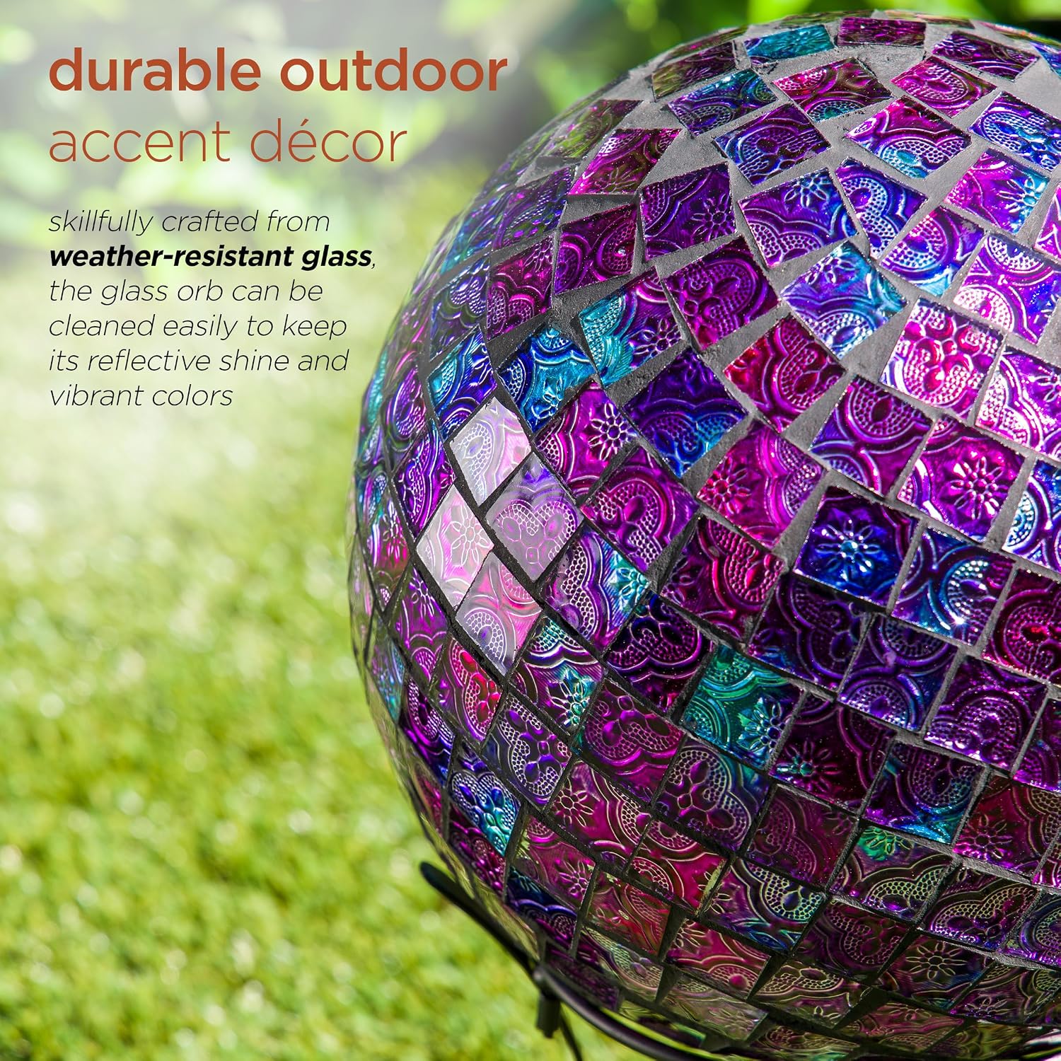 Alpine Corporation 10" Diameter Indoor/Outdoor Glass Mosaic Gazing Globe Yard Decoration, Purple Pearlized Petals Design