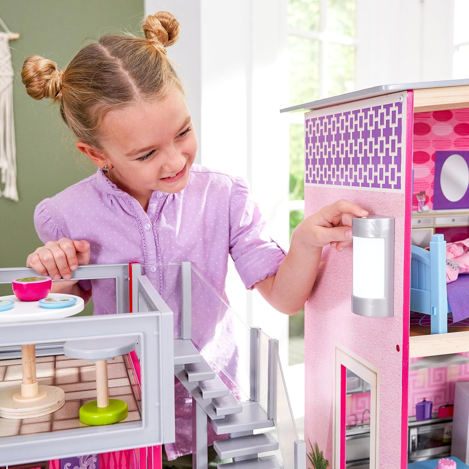 KidKraft Uptown Wooden Modern Dollhouse with Lights & Sounds, Pool and 36 Accessories | Over 3 Feet Tall Pink Mansion Doll House, Working Elevator