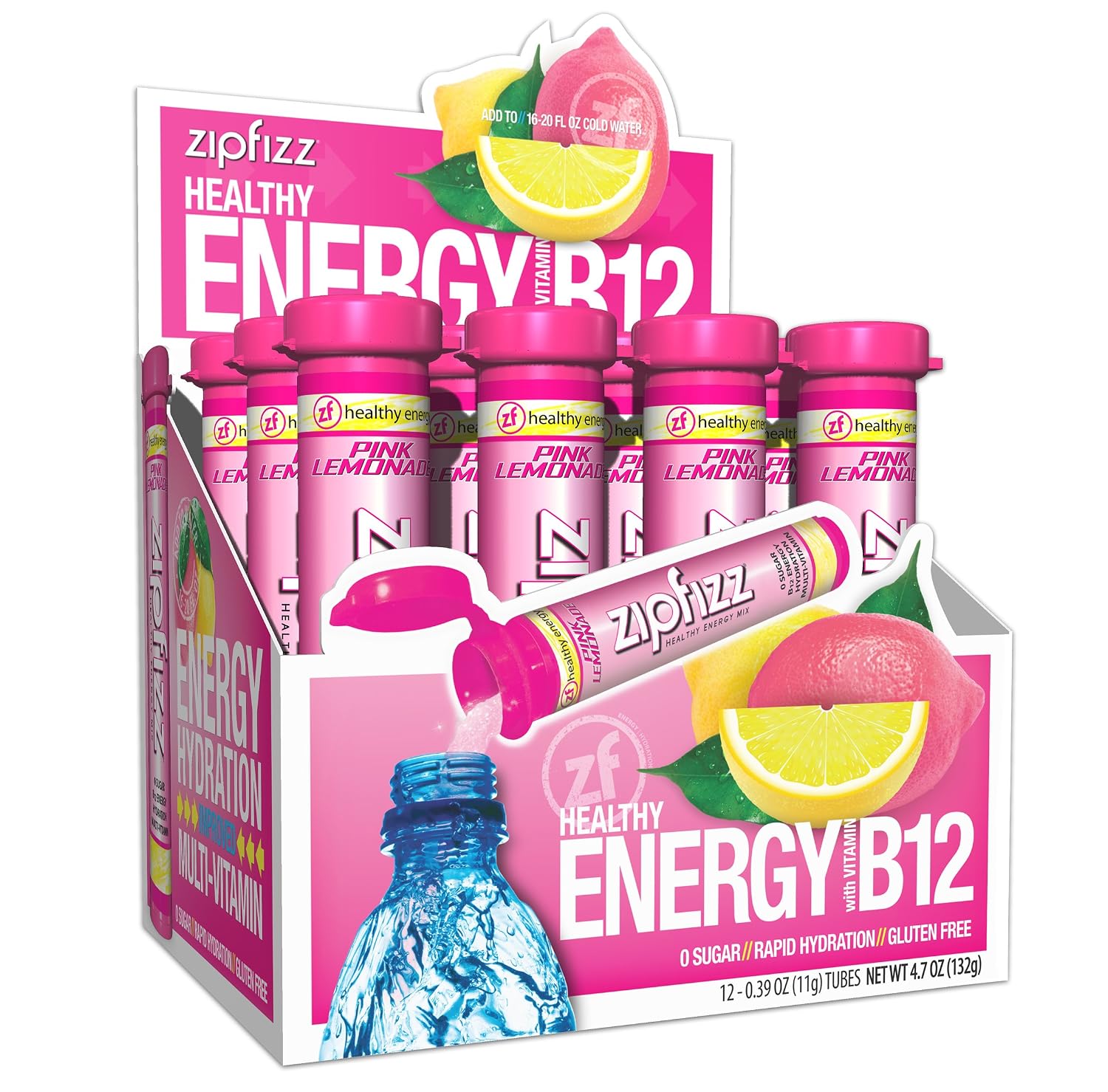 Zipfizz Energy Drink Powder, 20 Pack B12 Electrolyte - Pink Lemonade | Hydration tubes with vitamin drink benefits, 100mg caffeine, B12, electrolytes, & no artificial sugar for active lifestyle