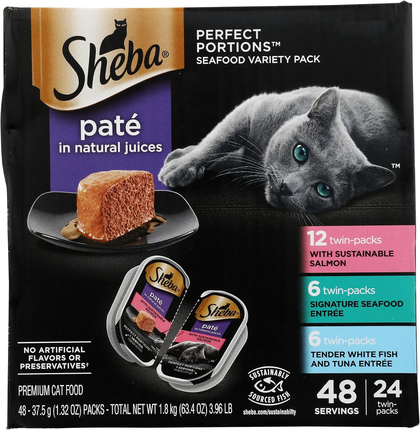Sheba Perfect Portions Pate Wet Cat Food, Seafood Pack, 2.6 oz, 12 ct, 2pk | Grain-free, made in USA, Salmon & Whitefish-Tuna, 48 servings total, sustainable seafood, twin-pack trays