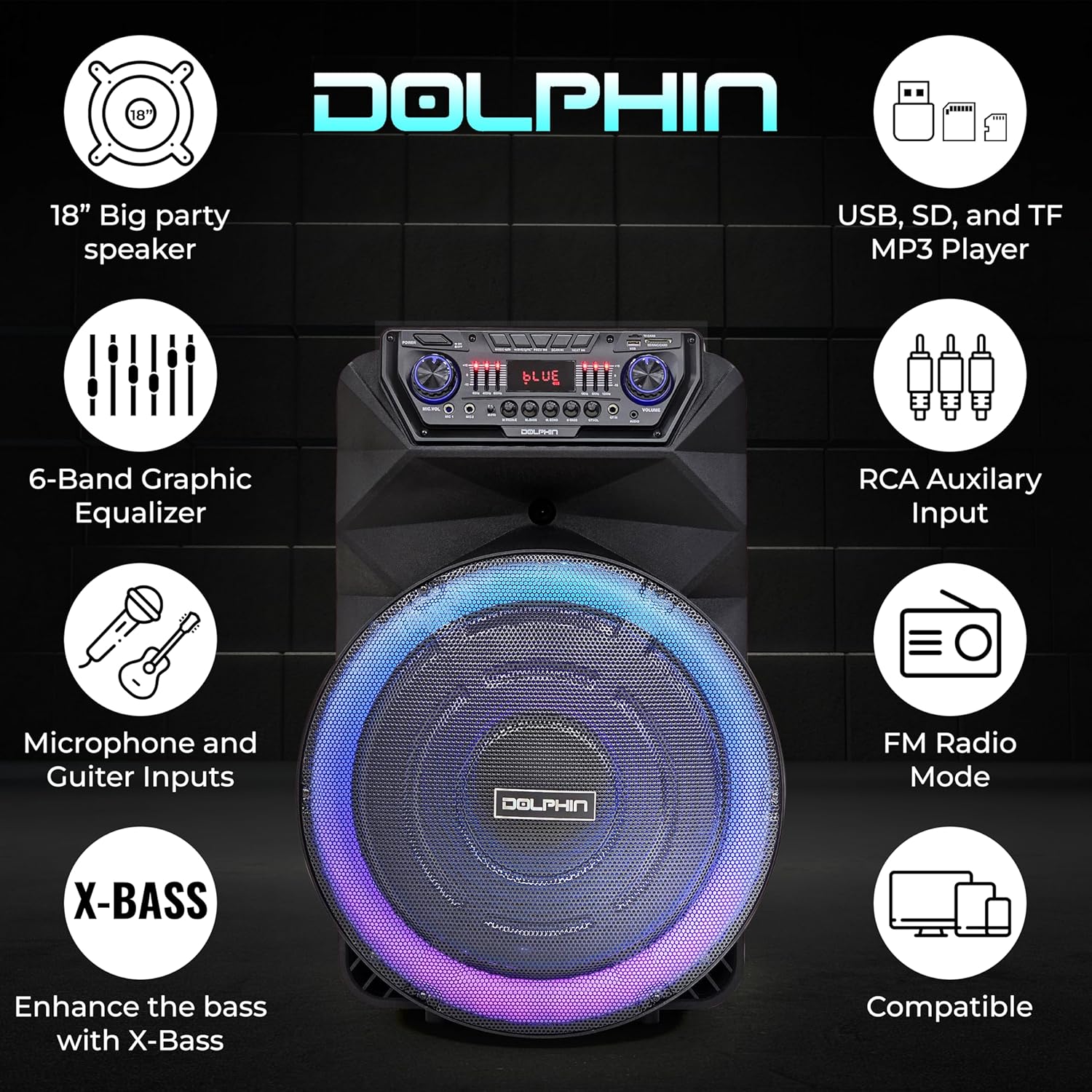 Dolphin Bluetooth Party Speaker with Wireless Microphone, 18" Woofer | 4500W Output, LED Lights, USB, SD, AUX & Guitar Inputs, 12V Input