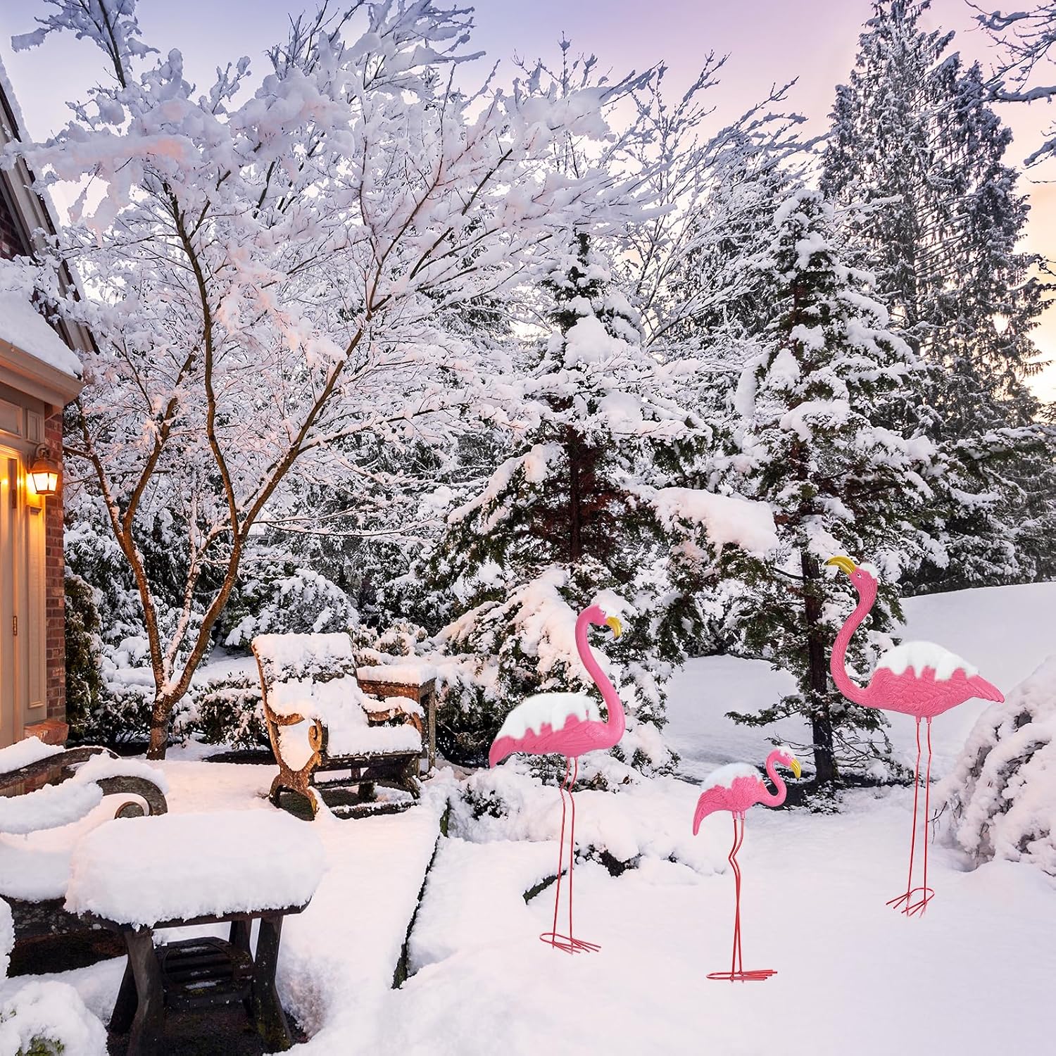 Ohuhu Family Flamingo Yard Ornaments, Set of 3 (32", 31", 19"), Pink | Metal Feet Stakes Bright Pink Flamingos Family, Garden Yard Patio Decoration