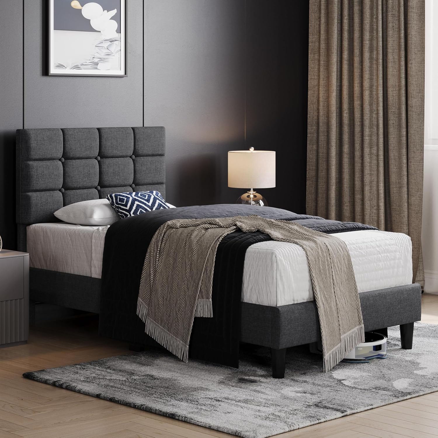 Yaheetech Full Size Upholstered Tufted Bed Frame with Headboard, Dark Gray | Sturdy engineered wood frame with linen fabric upholstery features a soft tufted headboard for easy assembly and support