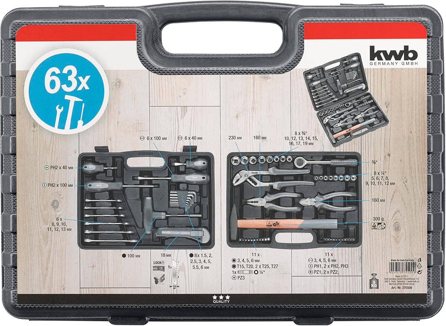 kwb Tool box made of robust hard plastic including 63-piece high-quality tool set as a solid basic equipment for light applications in the home