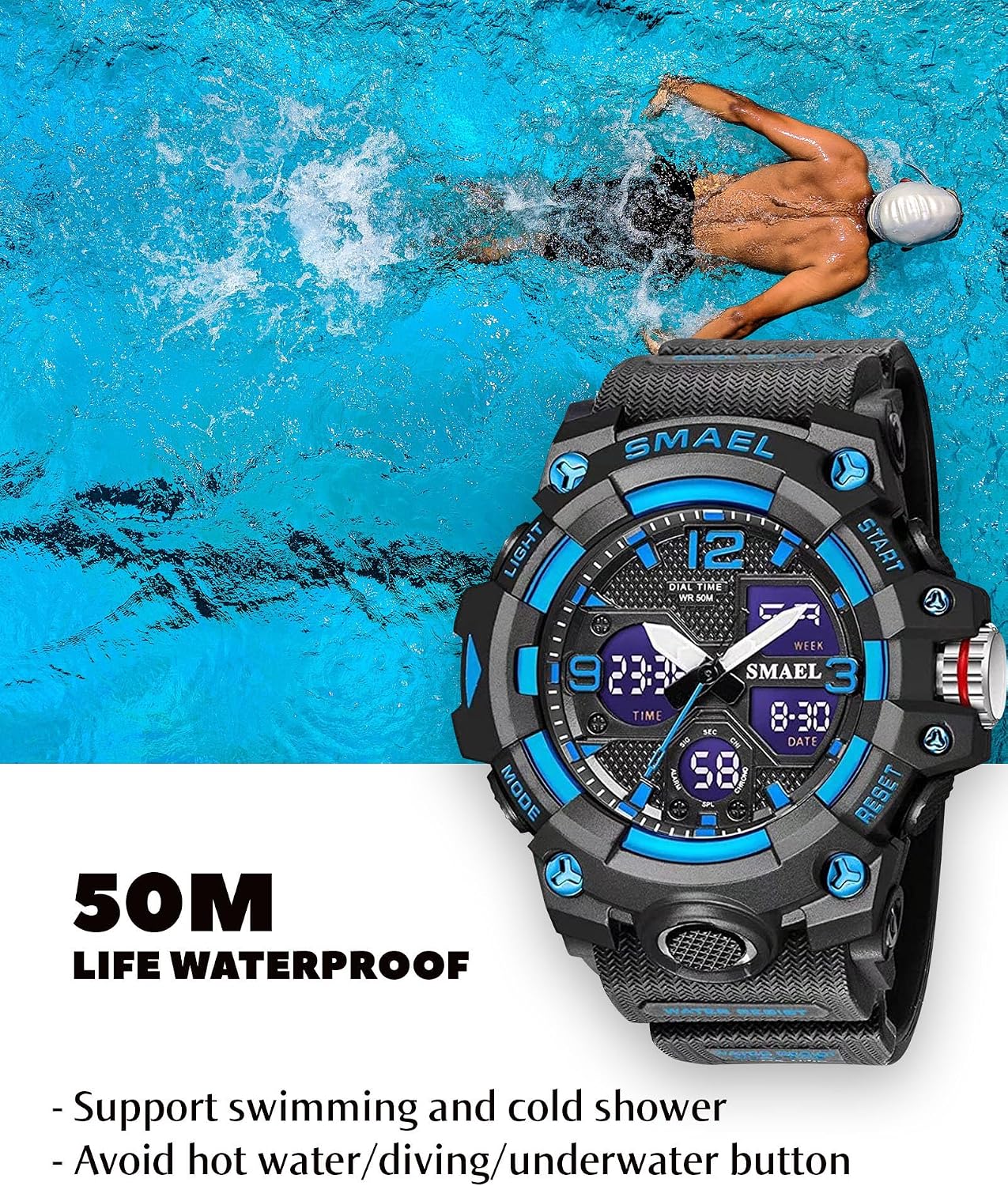 Gosasa Men's Large Face Outdoor Sports Watches Military S-Shock Watch Waterproof, Backlight, Alarm, Stopwatch Features - Rugged Wristwatch for Training, Hiking, and Adventure