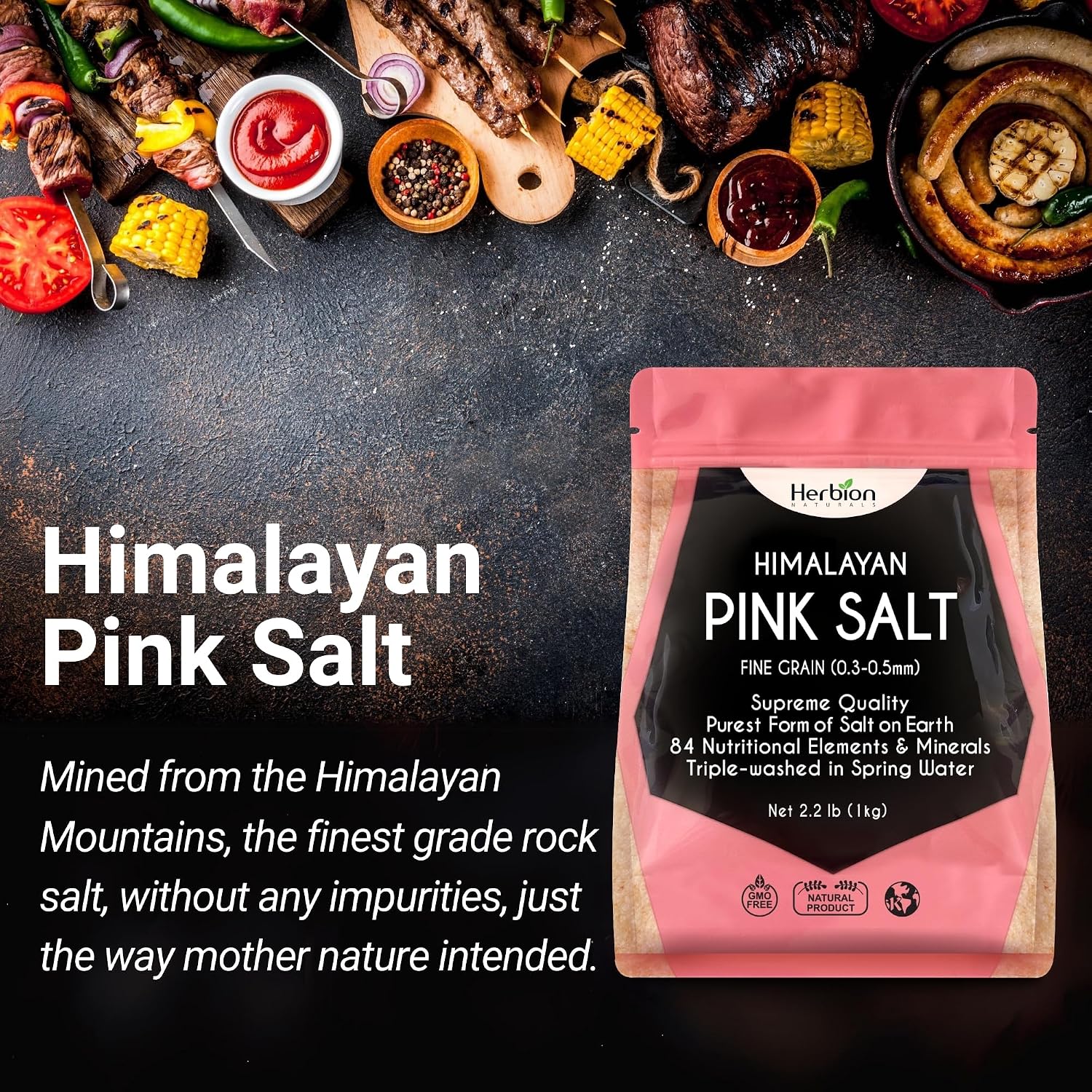 HERBION Naturals Himalayan Pink Salt Jar Fine Grain, GMO Free, Supreme Quality Chemical Free, Vegan, Kosher Certified, Fine Grain All Natural Salt