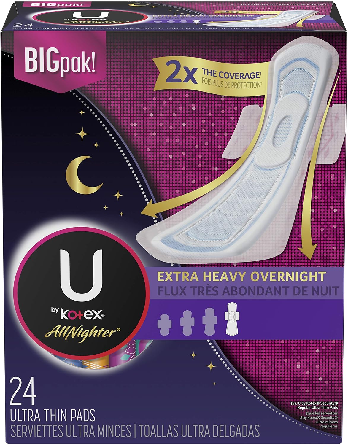 U by Kotex AllNighter Ultra Thin Overnight Feminine Pads with Wings, Extra Heavy Flow, Unscented, 72 Count (24 x 3)
