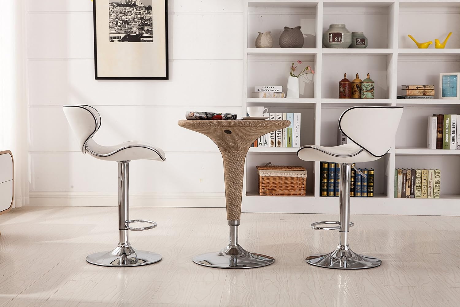 Roundhill Furniture Masaccio Cushioned Leatherette Upholstery Airlift Adjustable Swivel Barstool with Chrome Base, Set of 2, Blue