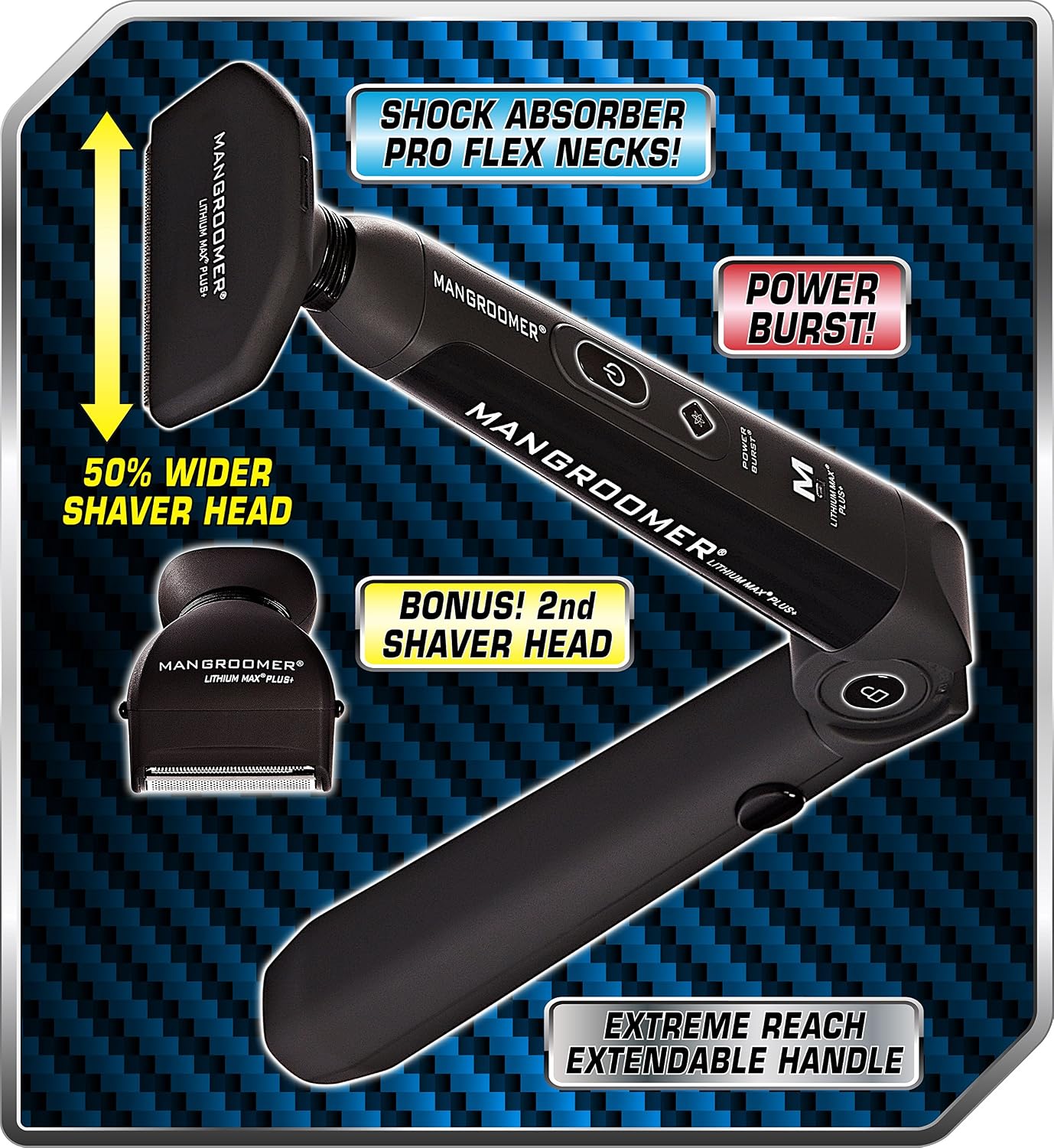 MANGROOMER Lithium Max Plus+ Back Hair Shaver (New 7th Generation) Complete Attachment Head With Shock Absorber Neck & New 50% wider Blade Design