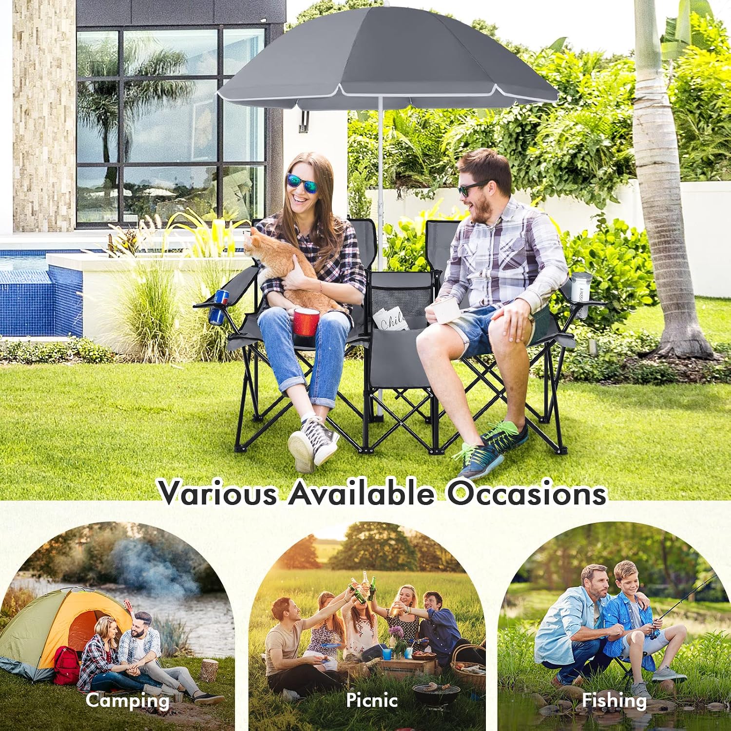COSTWAY Double Portable Picnic Chairs, Folding Camping Chairs w/Detachable Umbrella, Cooler Bag, Cup Holders, Patio Beach Camping Chairs for Outdoors, Blue | Detachable Umbrella, Cooler Bag, Cup Holders, Patio Beach Camping Chairs for Outdoors, Blue