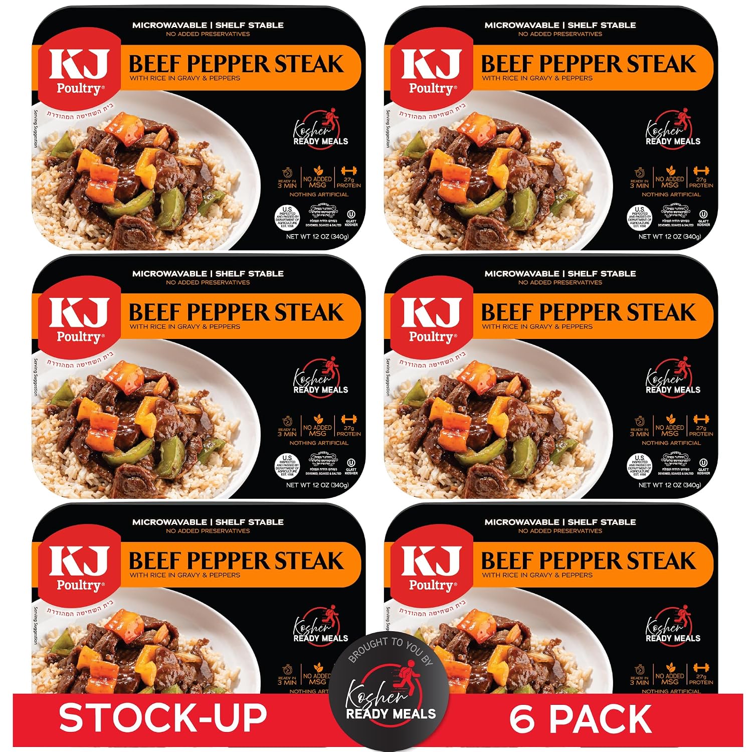 KJ Poultry Kosher Ready Meals - Beef Pepper Steak & Rice, MRE Meat Meals Ready to Eat (1 Pack) Prepared Entree Fully Cooked, Shelf Stable Microwave Dinner Travel, Military, Camping, Emergency Survival