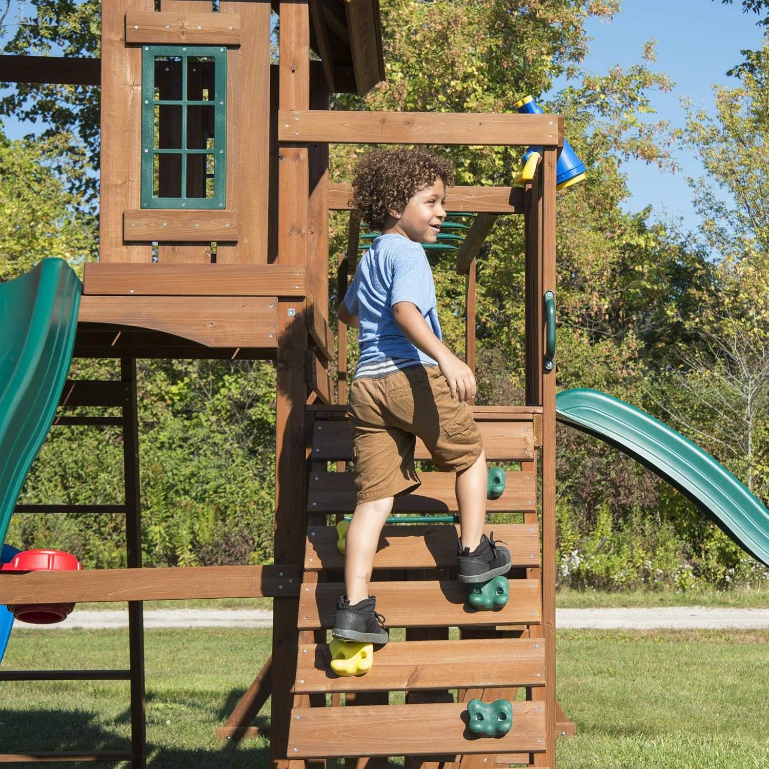 Swing-N-Slide WS 8354 Knightsbridge Super Wooden Swing Set with Two Slides, Play Set, Monkey Bars, Climbing Wall, Music Play & Climbing Wall, Wood
