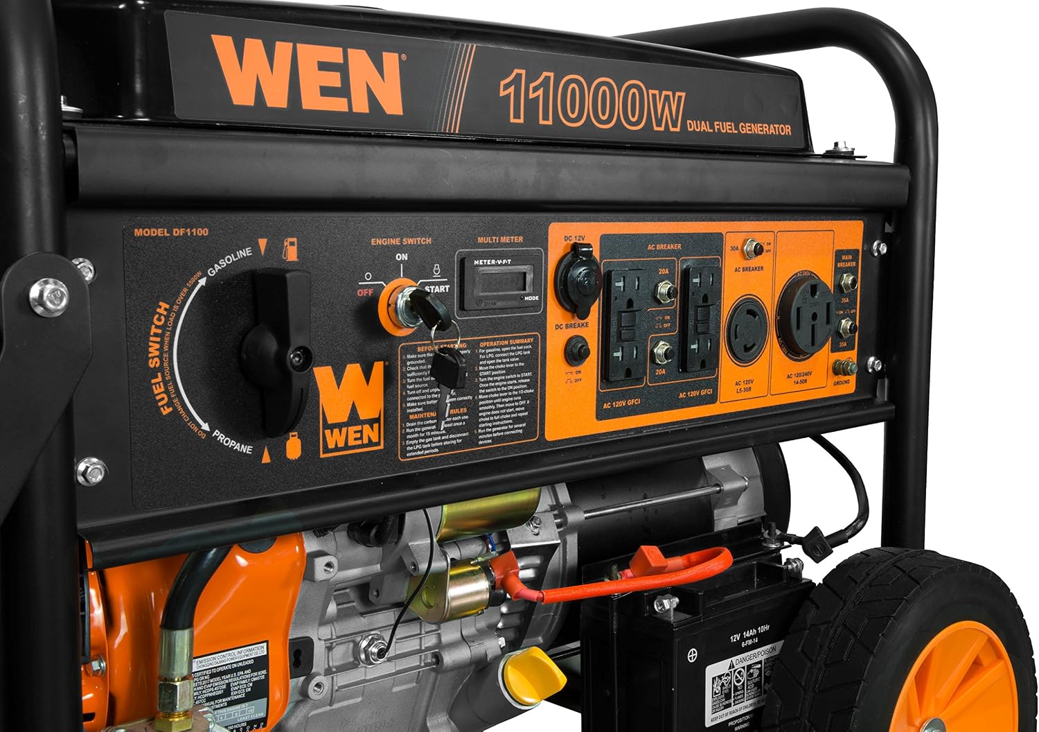 WEN 11,000-Watt 120V/240V Dual Fuel Portable Generator with Wheel Kit and Electric Start (DF1100T)