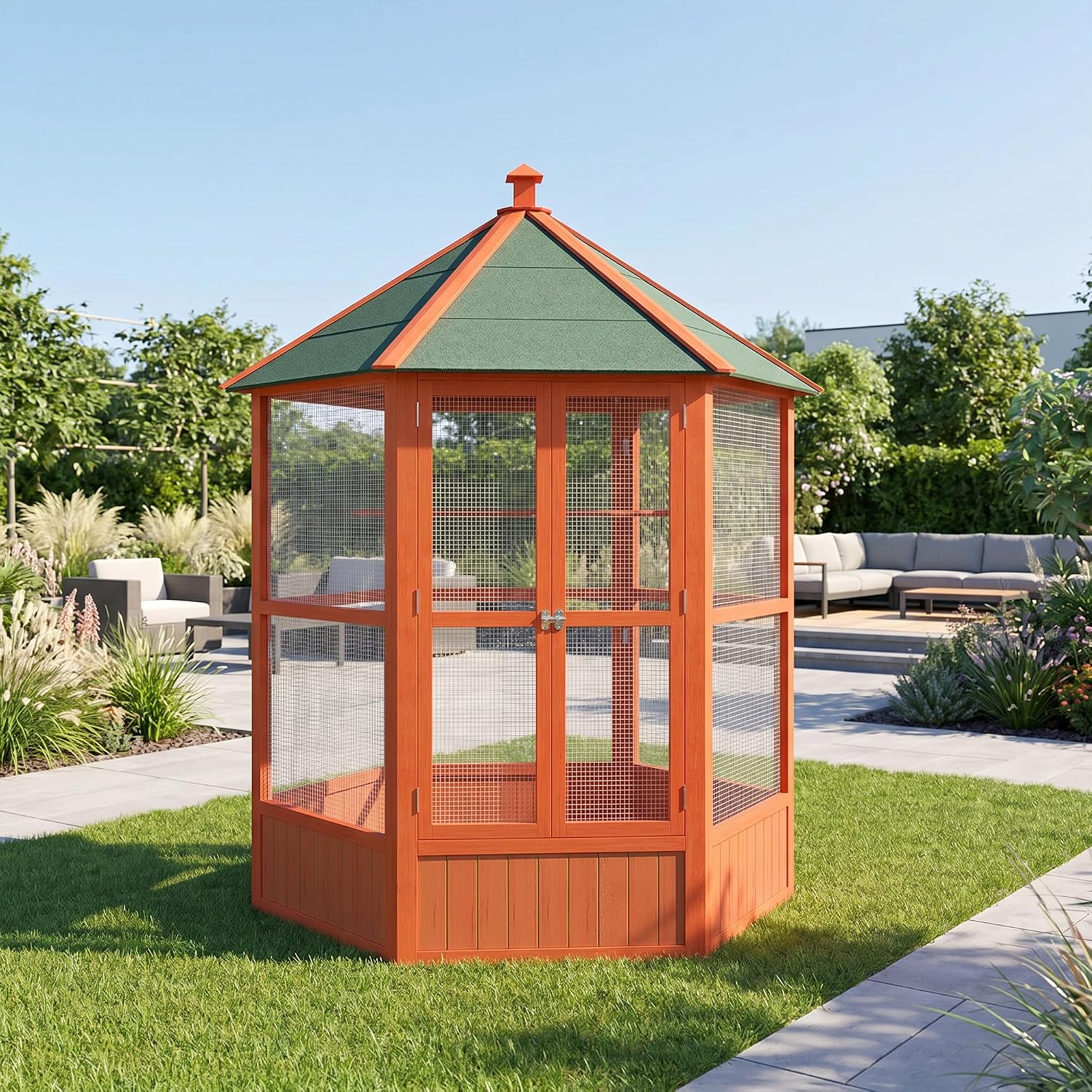 PawHut 44" Hexagon Covered Canopy Bird Cage with Stand Orange | Portable Aviary Flight Cage for Cockatiels, Conures, Lovebirds, Budgies & Small Birds