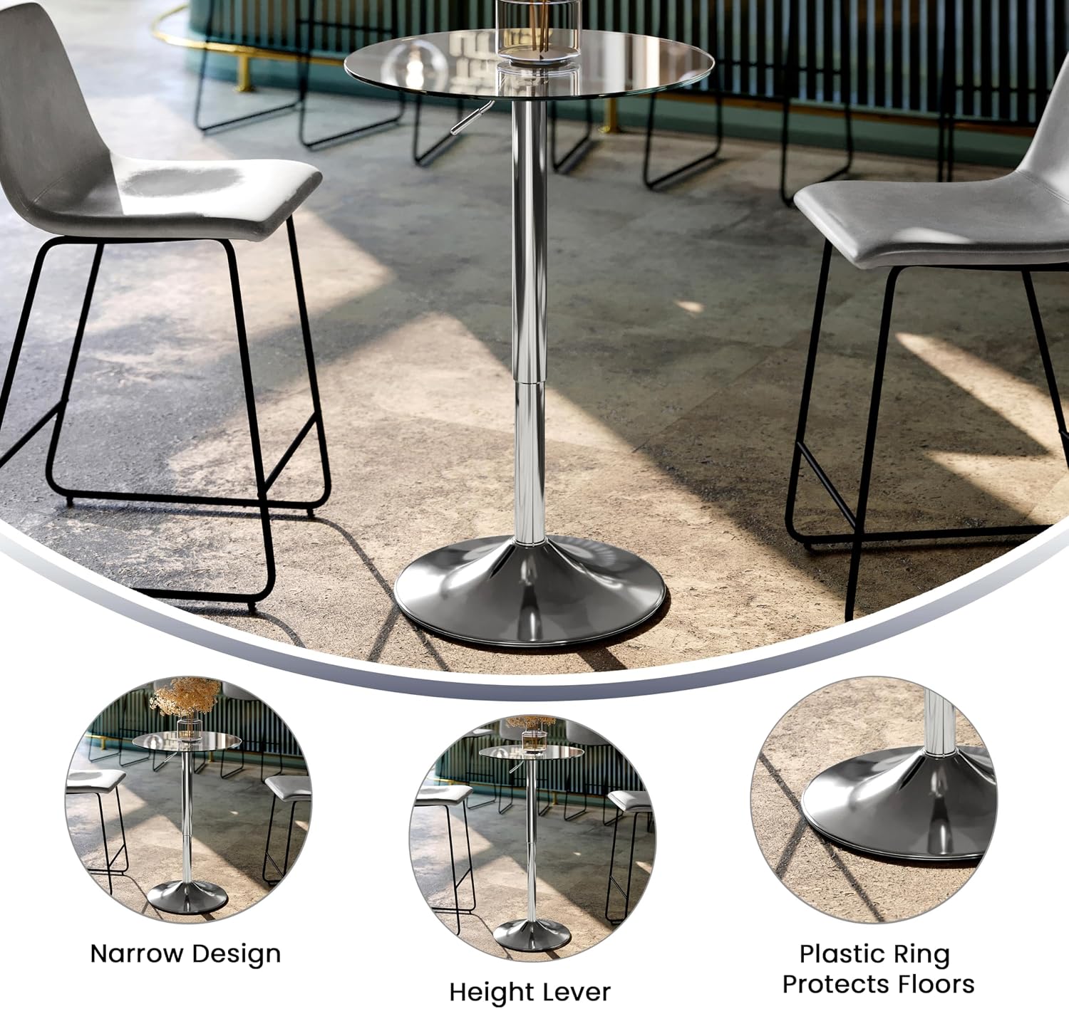 Flash Furniture Chad 23.5'' Round Glass Cocktail Table with Adjustable Height Frame, Bar Height Table for Commercial or Residential Use, Clear/Chrome