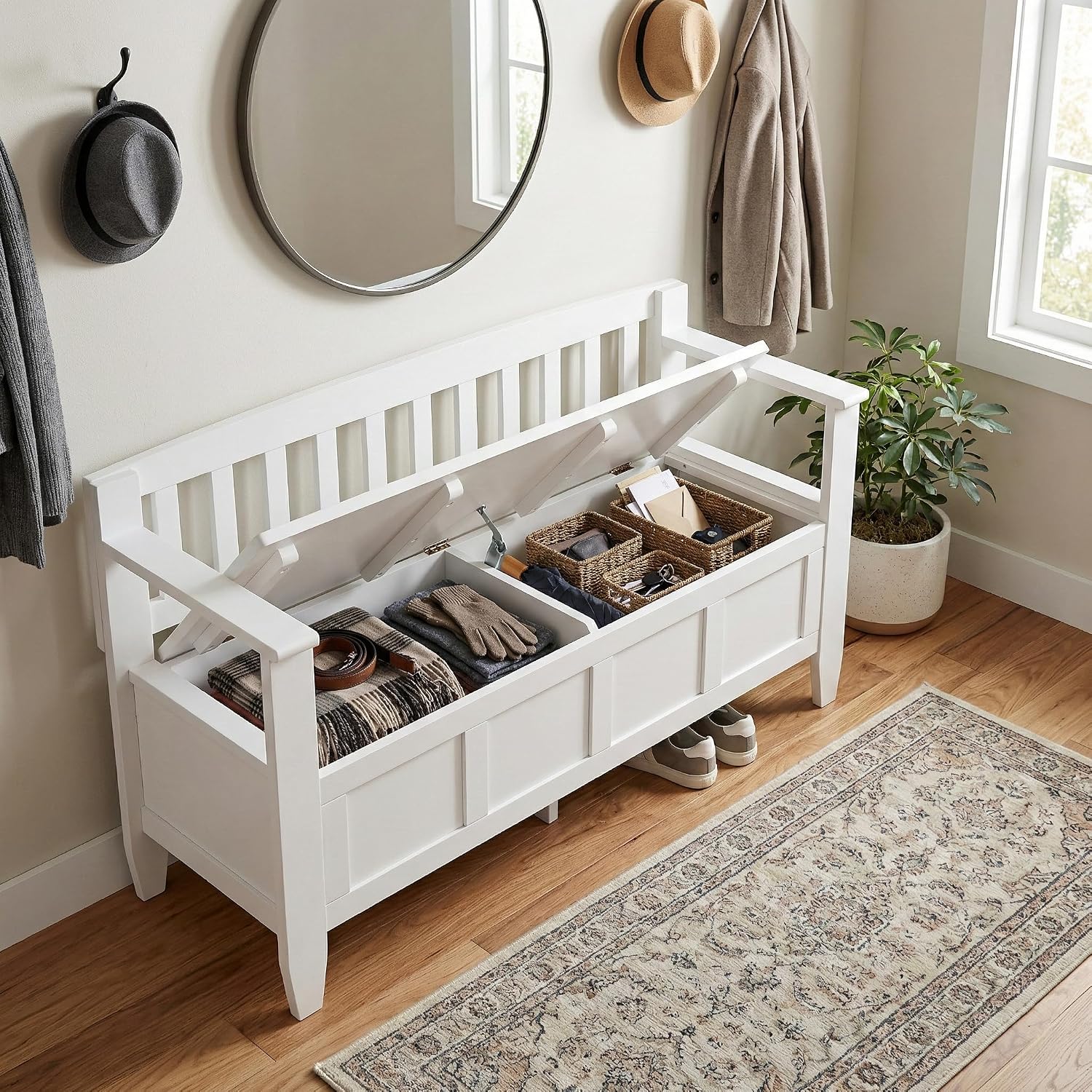 SIMPLIHOME Connaught 30" Wide Solid Wood Storage Bench in Chestnut Brown | Contemporary entryway bench with lift-up lid and hidden storage; mudroom, hallway, foyer, or shoe bench.