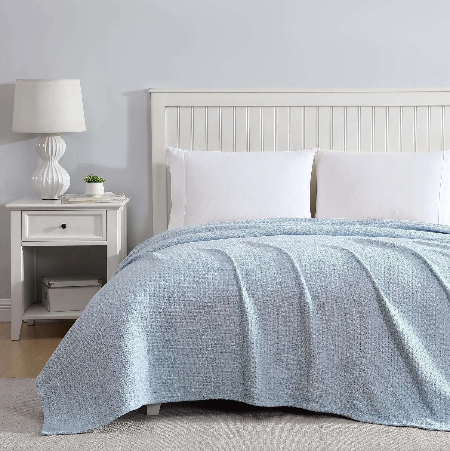 Grand Hotel Lightweight Full/Queen Blanket, 100% Cotton, Pearl Blue | All-natural yarn-dyed mercerized cotton is exceptionally durable, breathable and soft