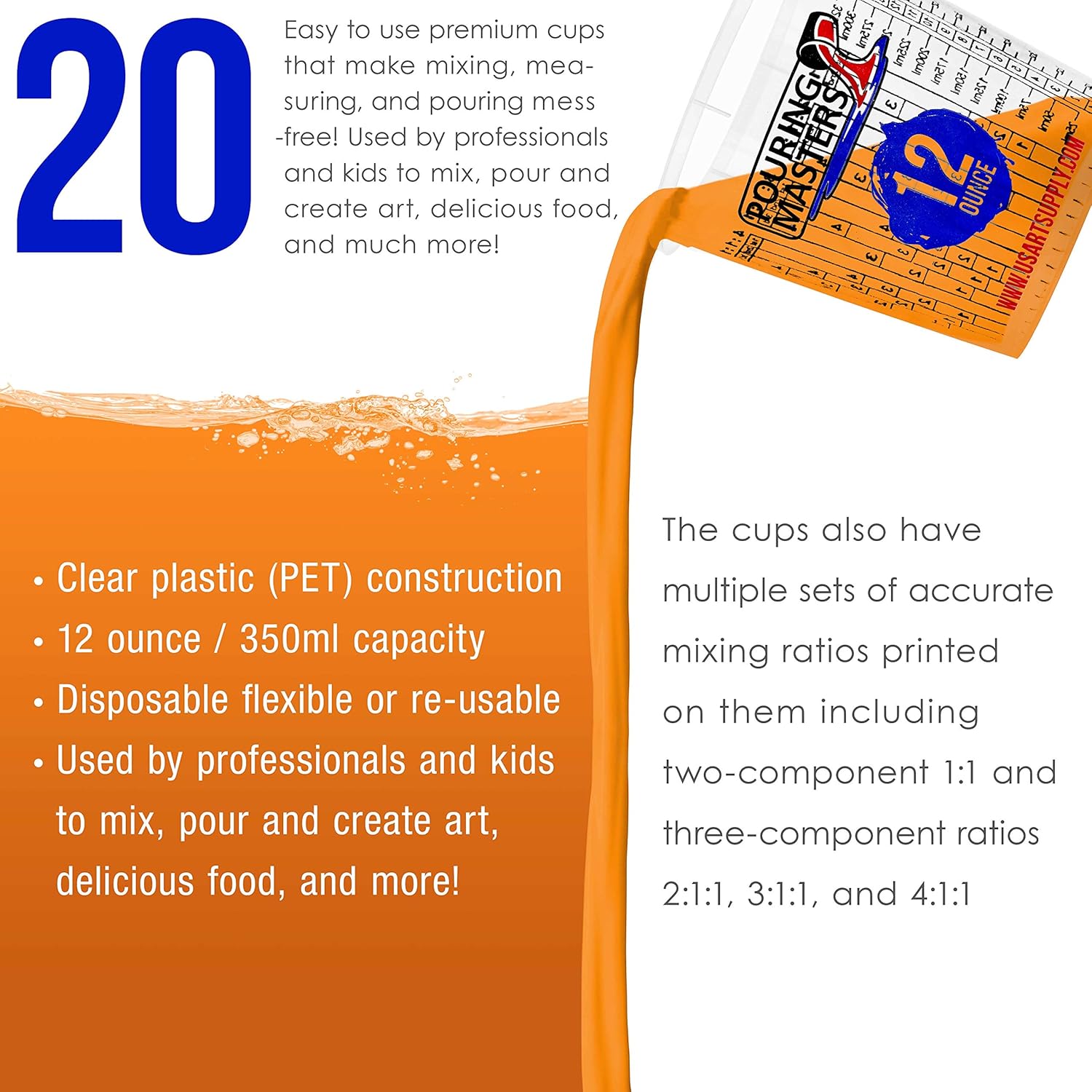 Pouring Masters 40 Ounce (1200ml) Graduated Plastic Mixing Cups (Box of 24)