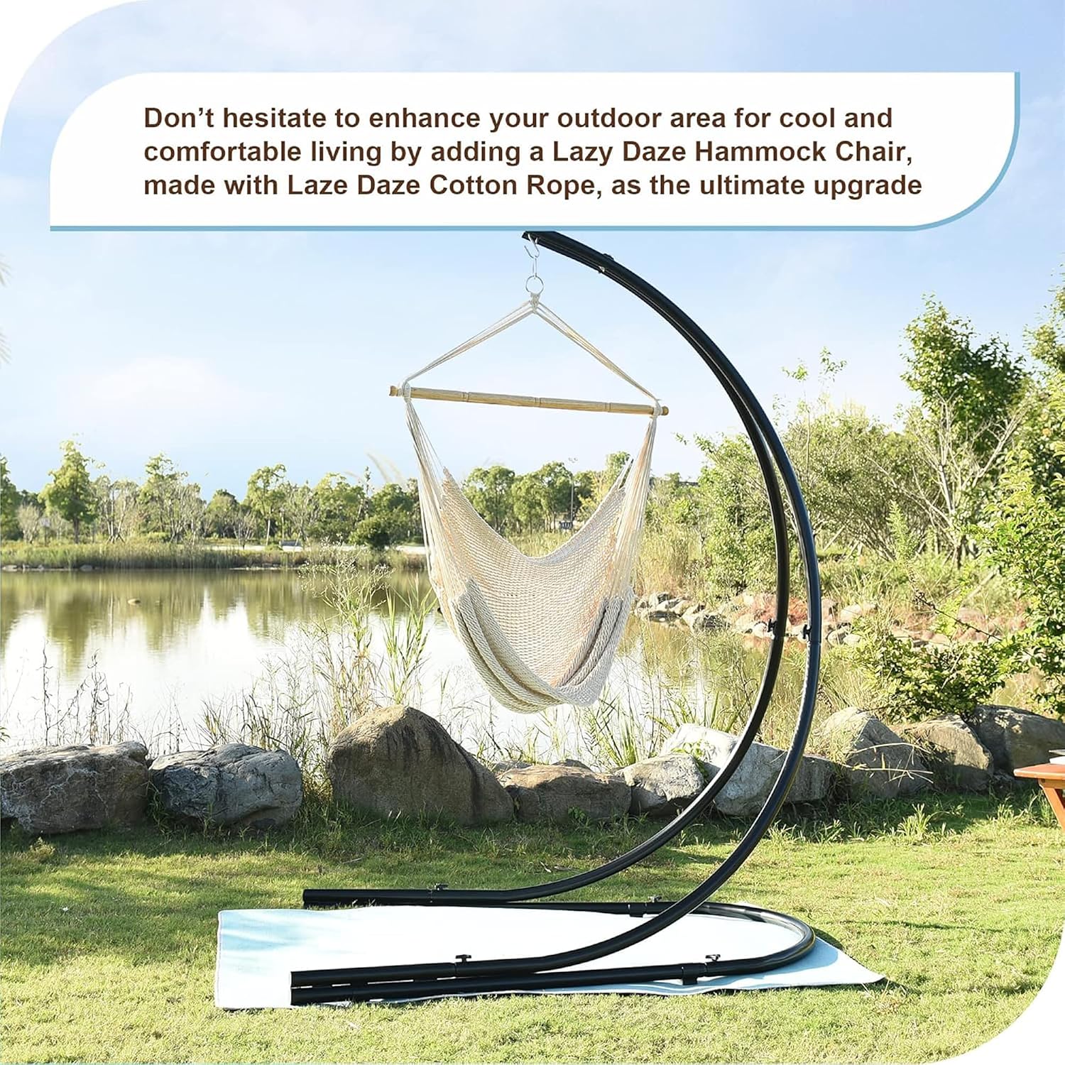 Lazy Daze Hammock Chair, Hanging Swing Chair, Caribbean Rope Chair | 40"Hardwood Spreader Bar and Soft-Spun Cotton Rope, Hammock Weaving Chair for Indoor, Outdoor, Backyard, Max 300 LBS, Natural
