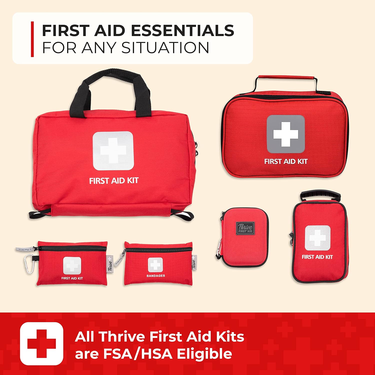 Thrive Mini First Aid Kit - Compact Travel Essentials Pack - Waterproof Camping Essentials Set - Portable Car First Aid Kit & Hiking Supplies Pouch - 66-Piece Set, Red Shell Case