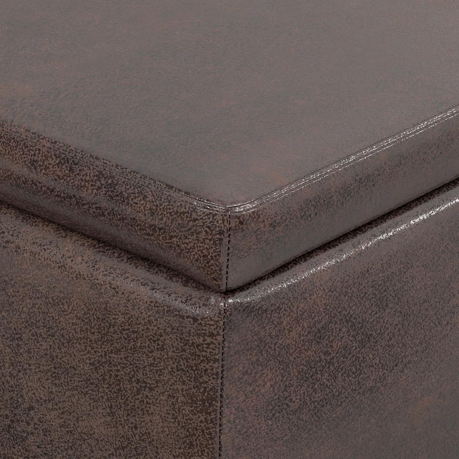 SIMPLIHOME Avalon 48" Wide Vegan Leather Storage Ottoman in Brown