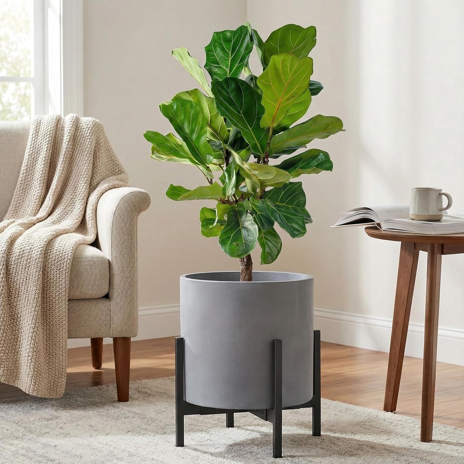 FaithLand 14 Inch Fiberstone Planter - Lightweight Modern Cylinder Plant Pot with Drainage Hole & Plug, Indoor Outdoor Use, Matte White