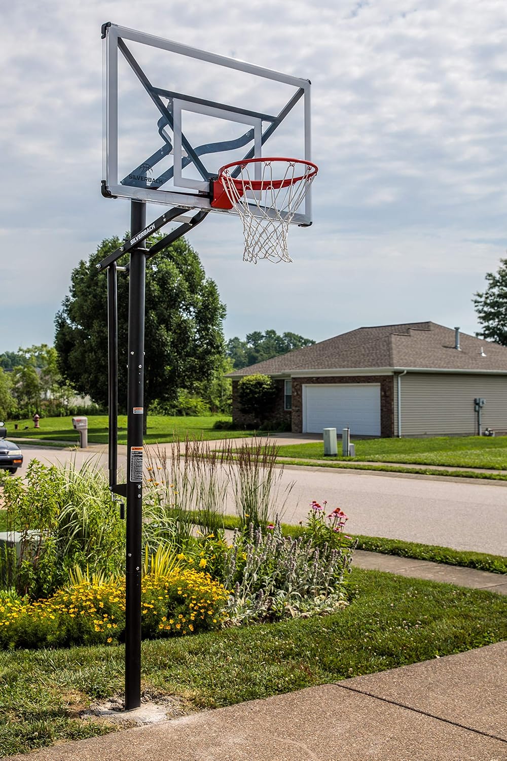 Silverback Height Adjustable In-Ground Basketball Hoop with Tempered Glass Backboard, Pro-Style Breakaway Rim, Pole and Backboard Pad