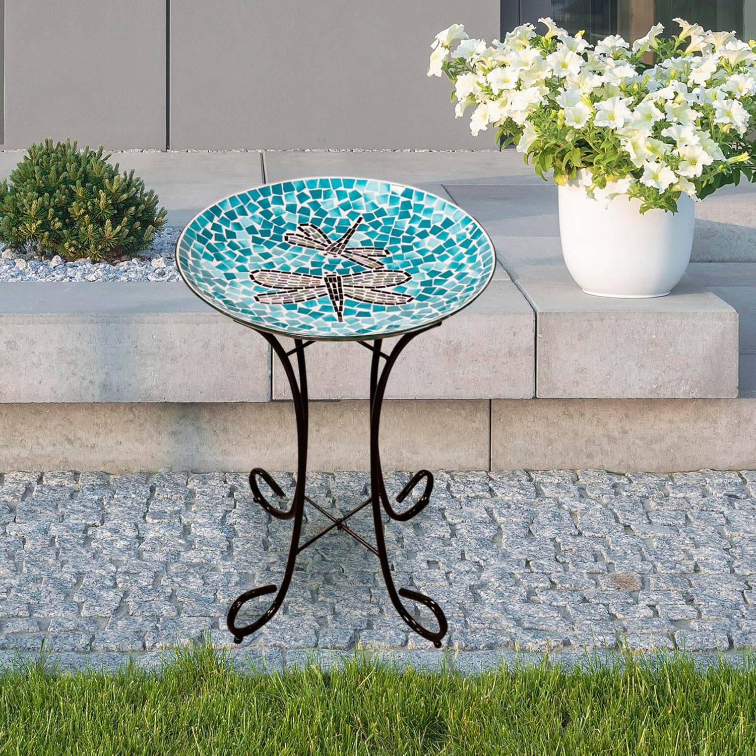 Alpine Corporation 24" Tall Outdoor Floral Mosaic Glass Birdbath with Metal Stand and Detachable 18 Inch Diameter Bowl, Garden Decor