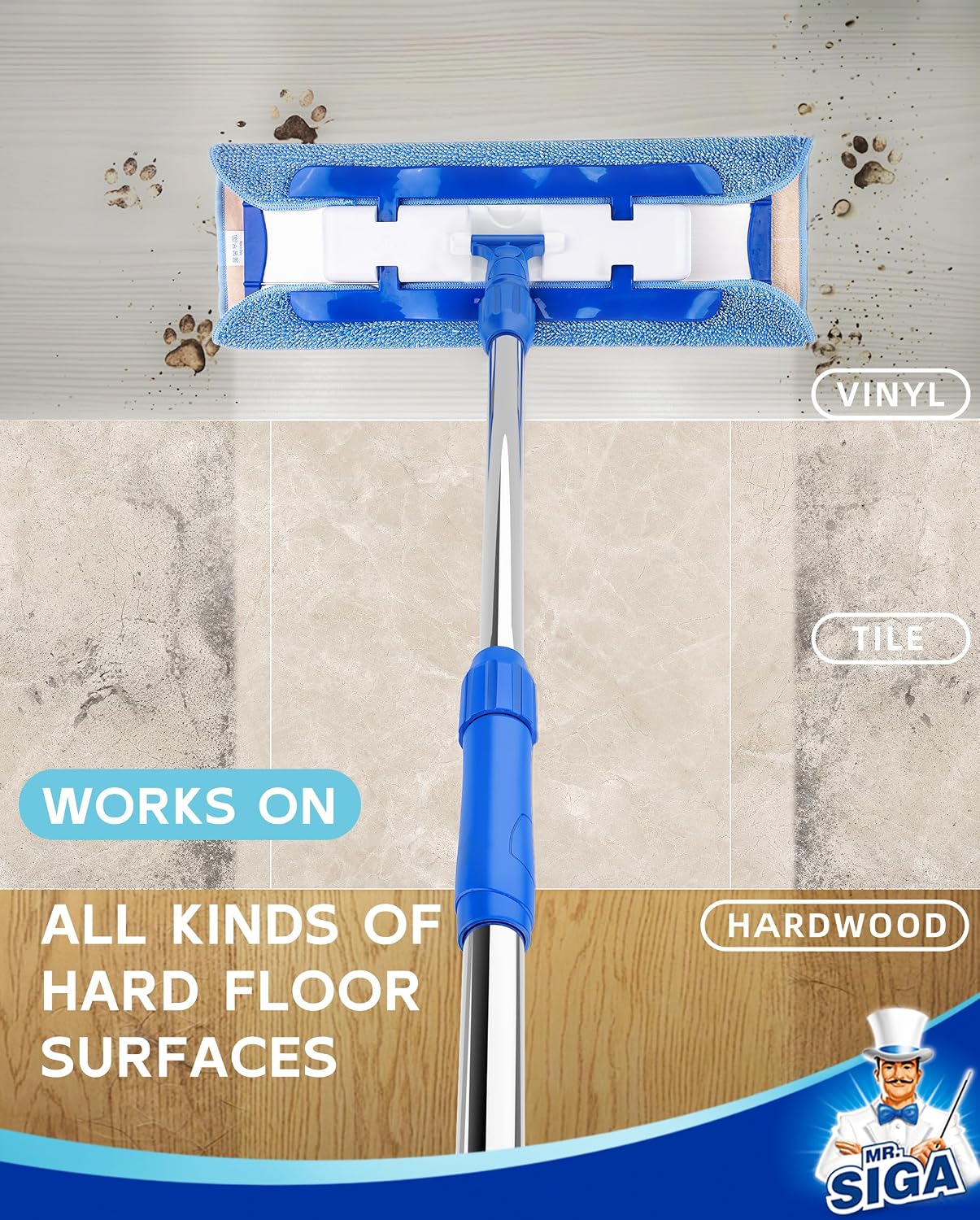 MR.SIGA Professional Microfiber Mop for Hardwood, Laminate Floor Cleaning | Stainless steel telescopic handle, 3 reusable microfiber flat mop refills and 1 dirt removal scrubber included