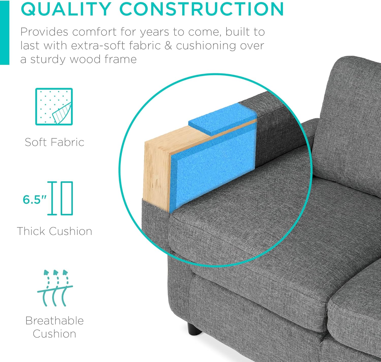 Best Choice Products Upholstered Sectional Sofa for Home, Apartment, Dorm, Bonus Room, Compact Spaces w/Chaise Lounge, 3-Seat, L-Shape Design