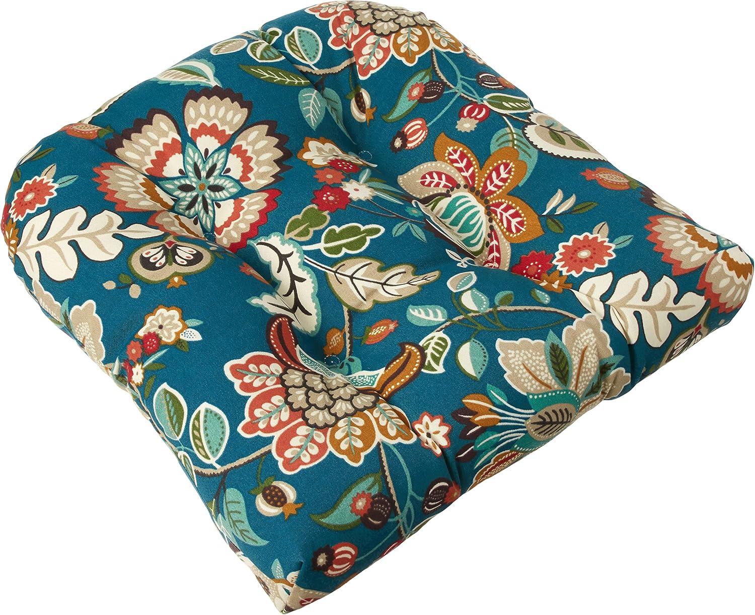 Pillow Perfect Bright Floral Indoor/Outdoor Tufted Wicker Seat Cushion, 2 Count, 19" x 19", Blue/Tan Telfair Peacock