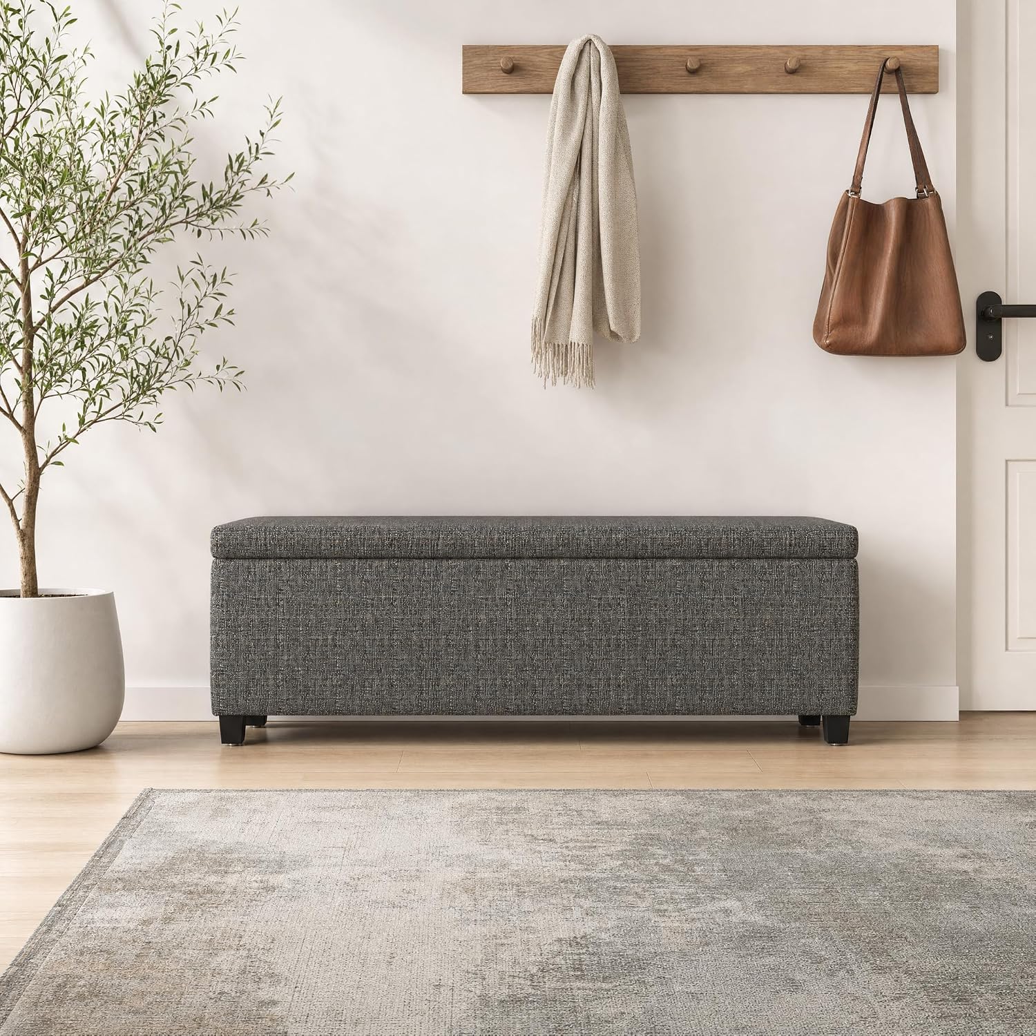 SIMPLIHOME Avalon 48" Wide Vegan Leather Storage Ottoman in Brown