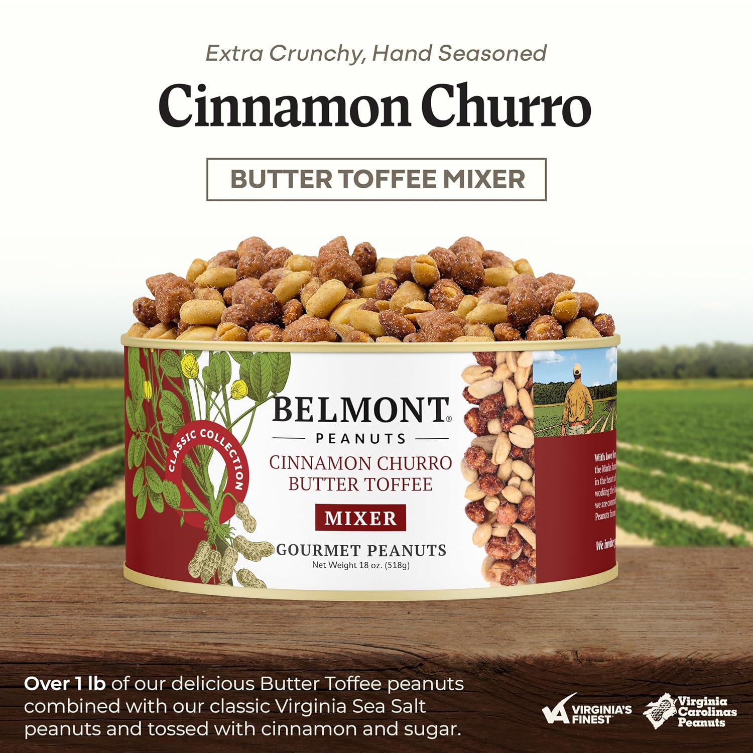 Belmont Peanuts Gourmet Sea-Salted Virginia Peanuts, 20 oz (1 Pack) – Only 3 Simple Ingredients, No Preservatives, 7g Protein – A Premium, Salty, Crunchy, Hand Seasoned Snack