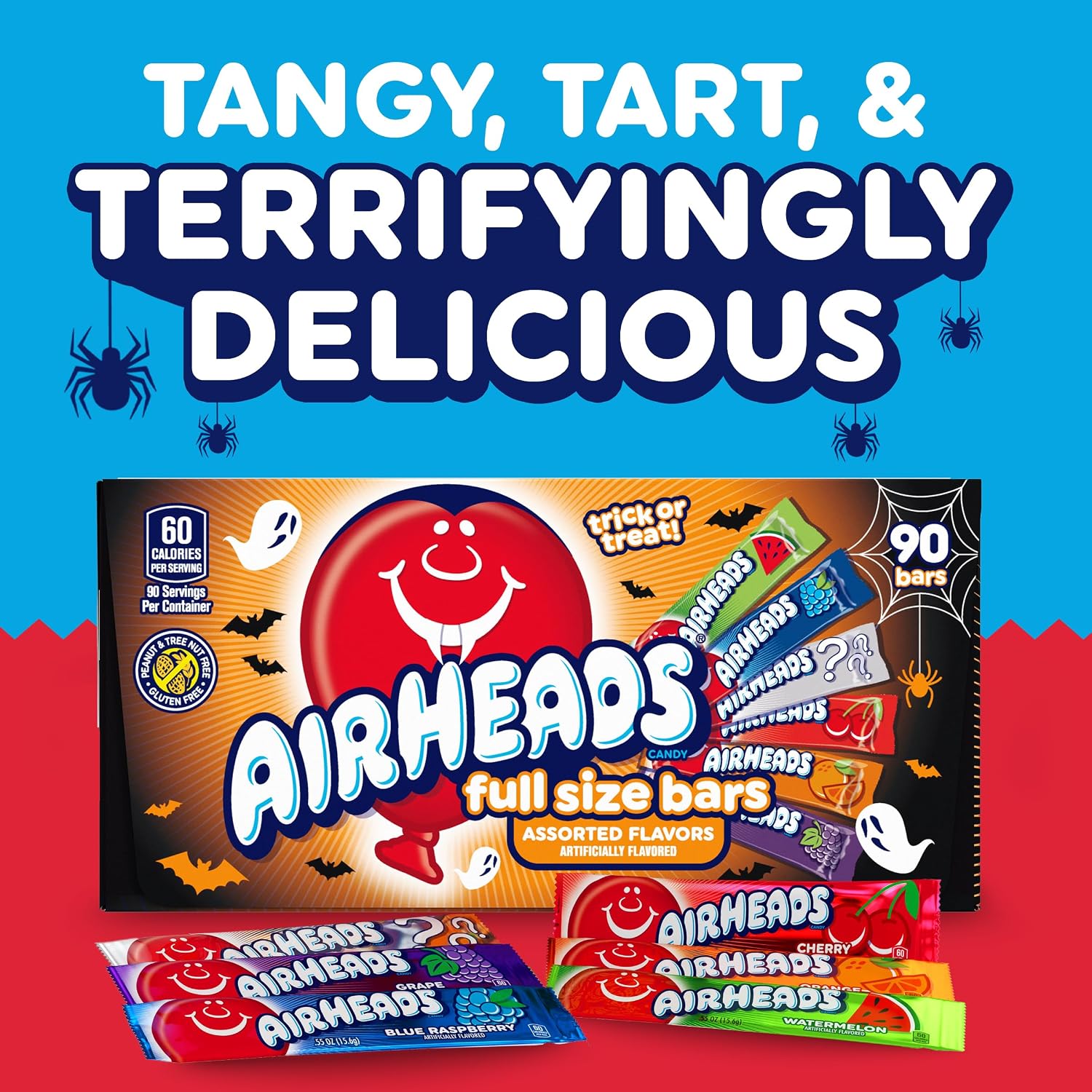 Airheads Full-Size Candy Bars, Assorted Taffy Variety Pack, 60 Count Box | Individually Wrapped Bulk Candy, Six Assorted Fruit Flavors, Artificially Flavored