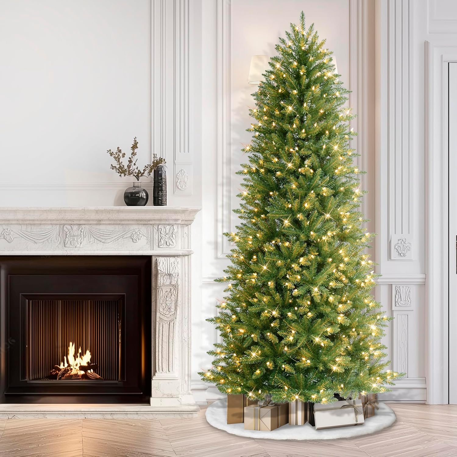 Puleo International 7.5ft Pre-Lit Slim Fraser Christmas Tree with 500 Warm White LED Lights, 1453 Realistic Dense Branch Tips, Easy Setup Artificial Trees with Sturdy Metal Stand
