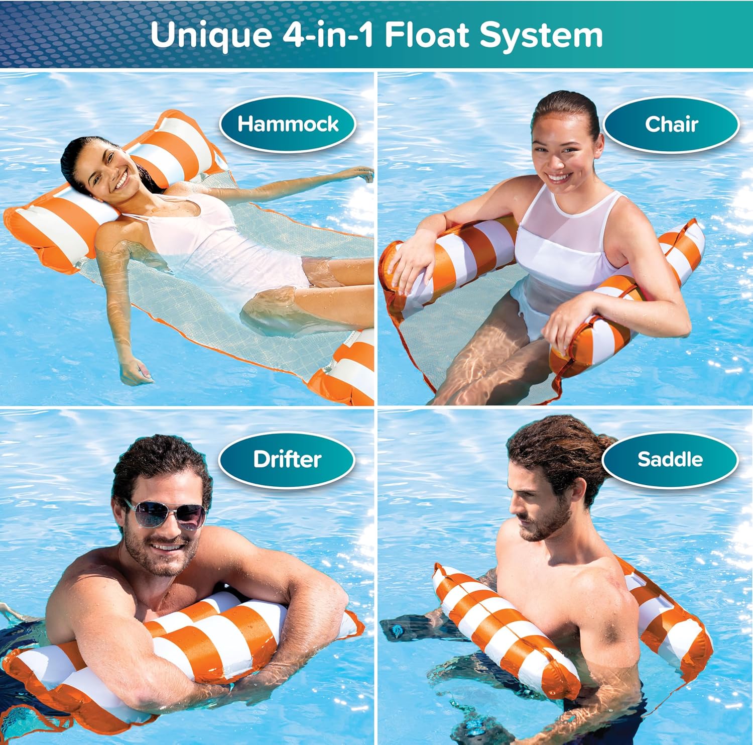 Aqua 4-in-1 Monterey Hammock Pool Float & Water Hammocks – 2-3-4 Multipacks – Multiple Colors/Styles – for Adults and Kids Floating