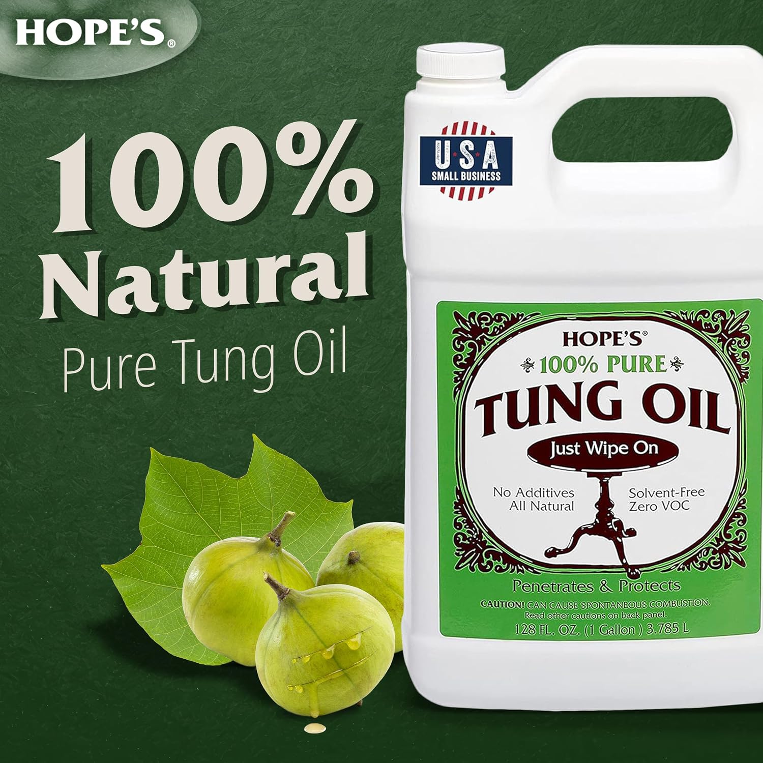 HOPE'S 100% Pure Tung Oil, Food Safe, Premium Waterproof Natural Wood Finish and Sealer for Indoor and Outdoor Projects,128 Fl Oz, 1 Pack